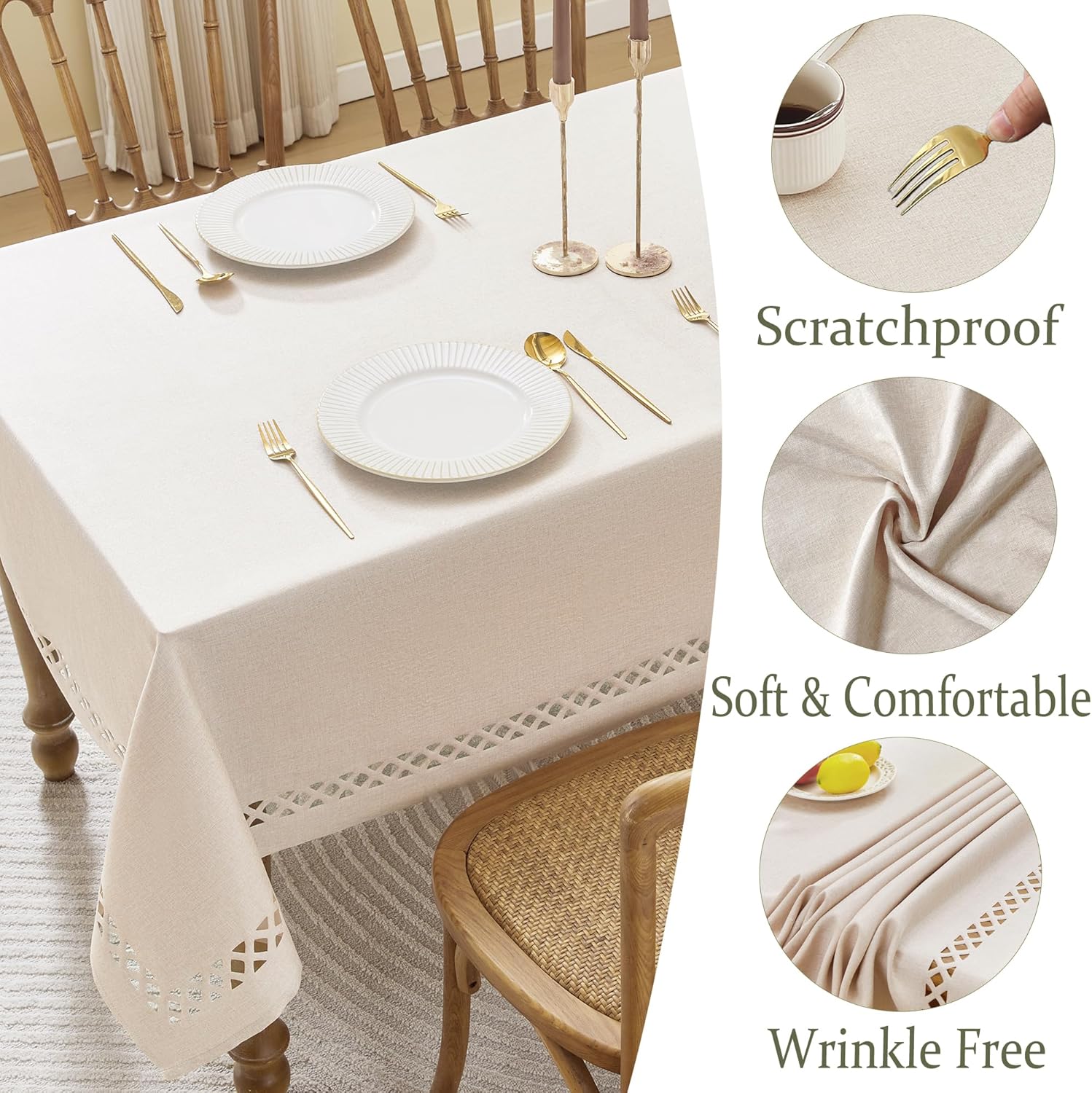 Farmhouse Linen Textured Tablecloth Lattice Cutwork Waterproof & Stain Resistant Table Cloth Rectangle Tables Wrinkle Free Table Covers for Dining Room and Outdoor Party, 55 x 120 Inchs, Natural
