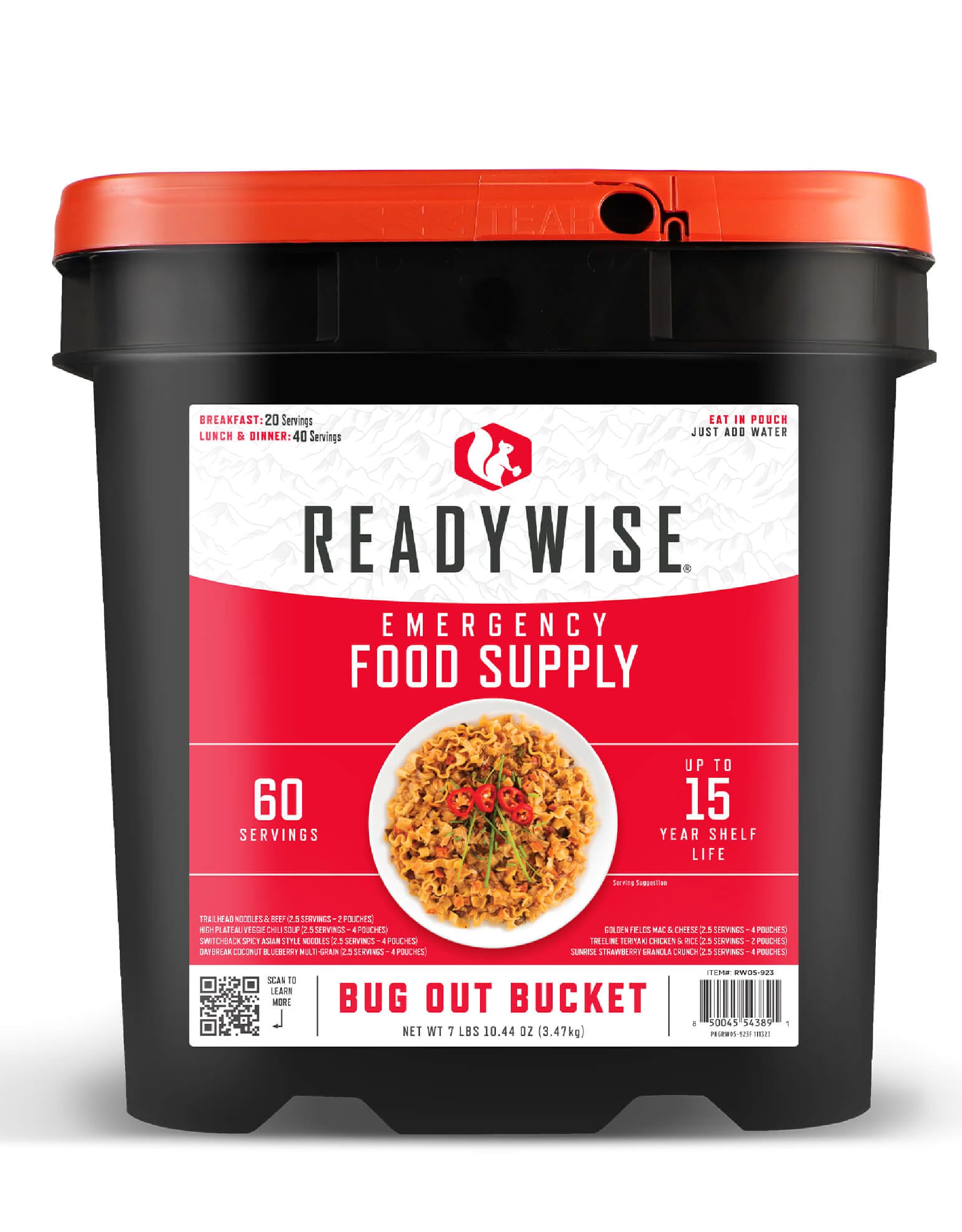 READYWISE - Bug Out Bucket, 60 Servings, MRE, Emergency Food Supply, Premade, Freeze Dried Food, Survival Meal, Hiking, Adventure & Camping Essentials, Emergency Preparedness, Up to 15 Year Shelf Life