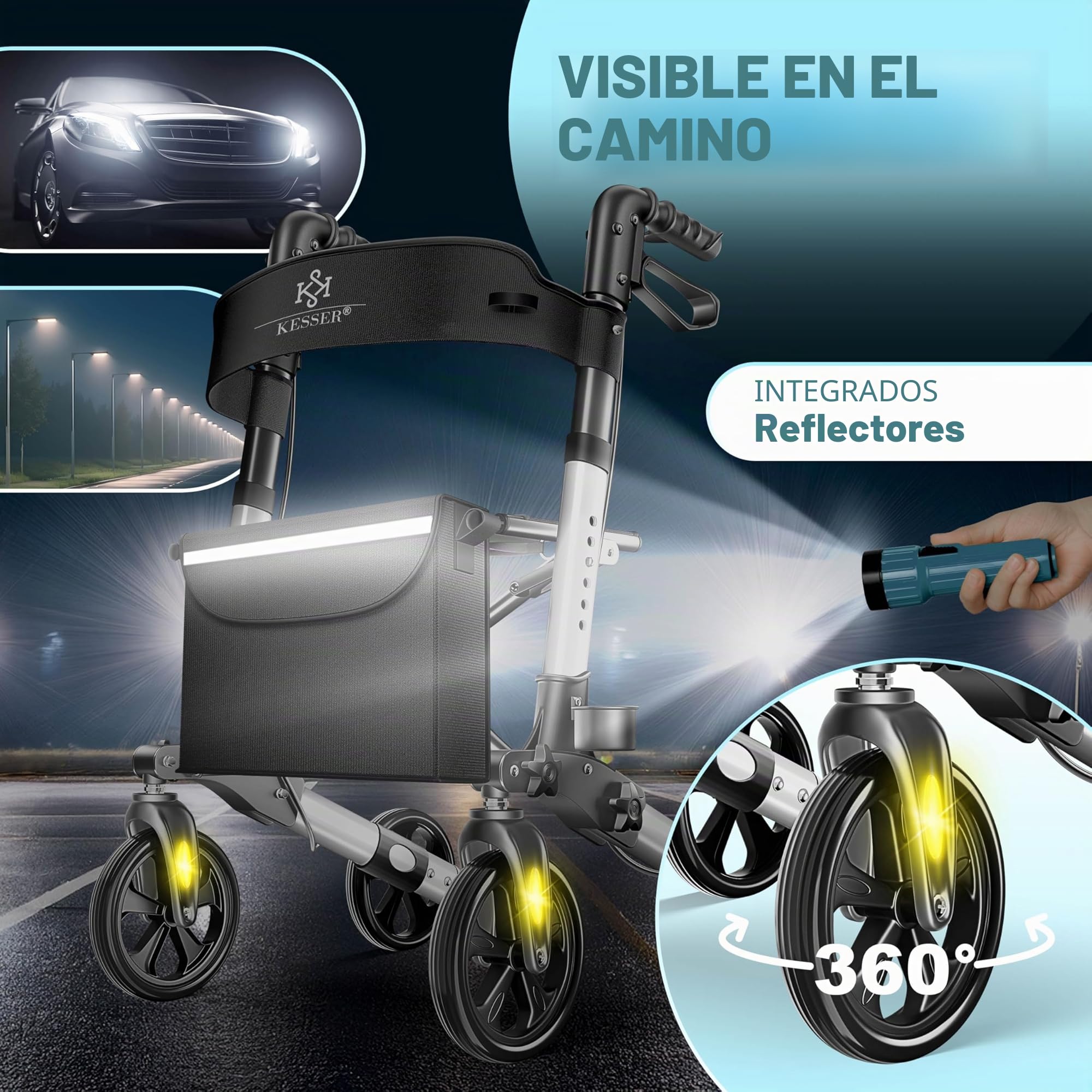KESSER® Andador plegable con asiento y respaldo, 4 Ruedas/Frenos/Saco de Compra y Porta Bastón, Altura Ajustable 82-94cm, Andador, Carro, Rollator para Ancianos