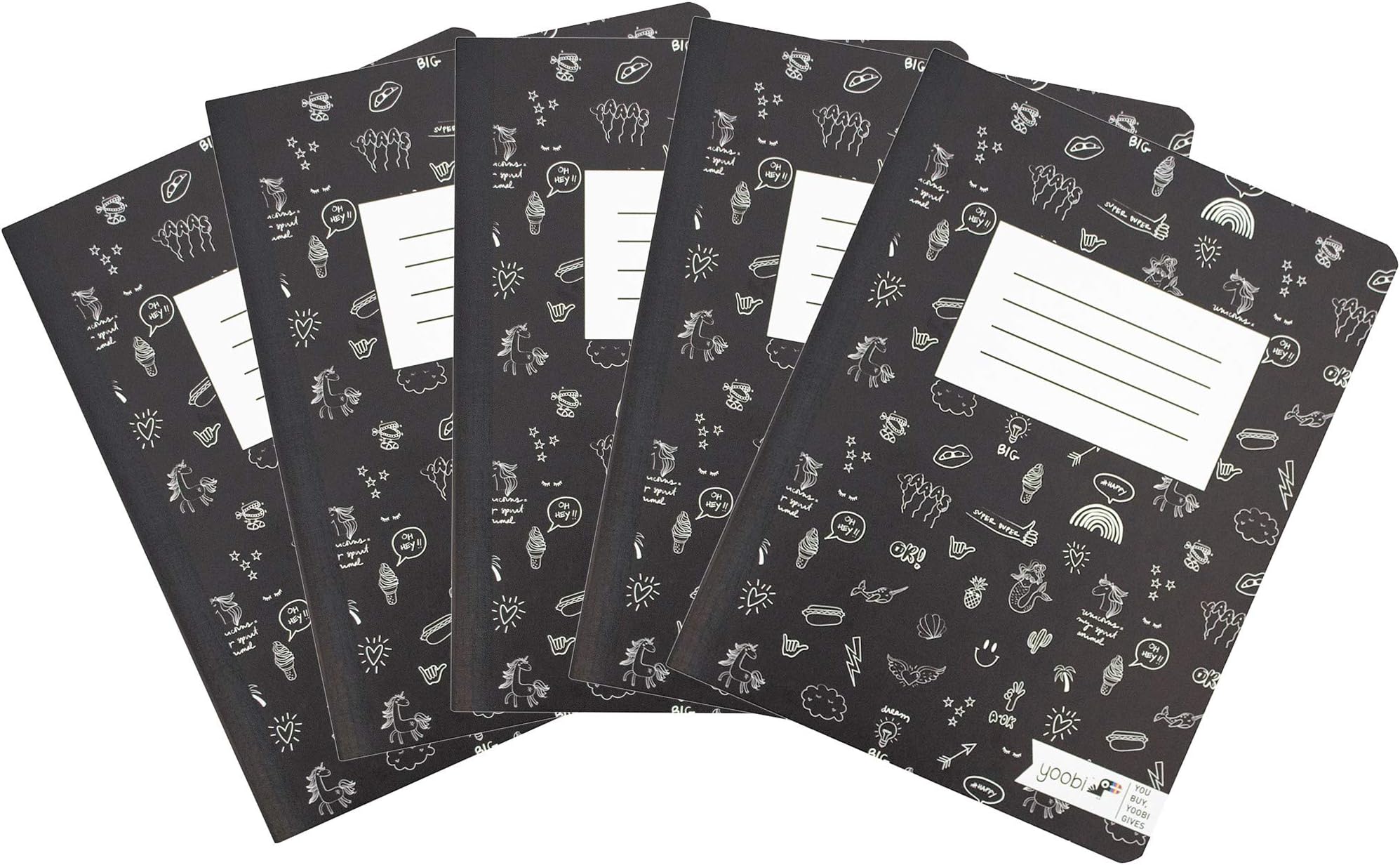 Yoobi Composition Notebook 5-Pack | Black & White Doodles Design | College Ruled Journal | 100 Lined Sheets (YOOB3192250)