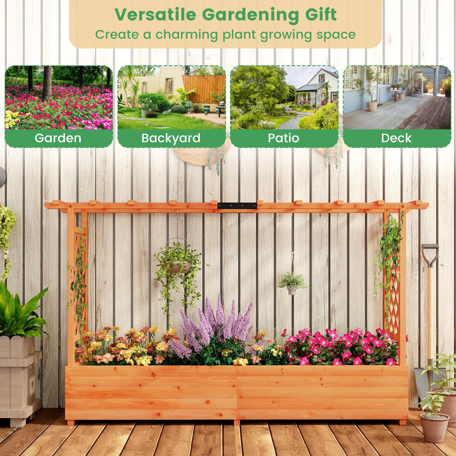 HOMASIS Jardiniere Exterieur Grande avec 2 Treillis et Etagère de Toit, Bac à Fleurs Surélevé en Bois pour Plantes Grimpantes, Jardiniere avec Treillis pour Jardin Balcon, 200x44x114cm, Orange