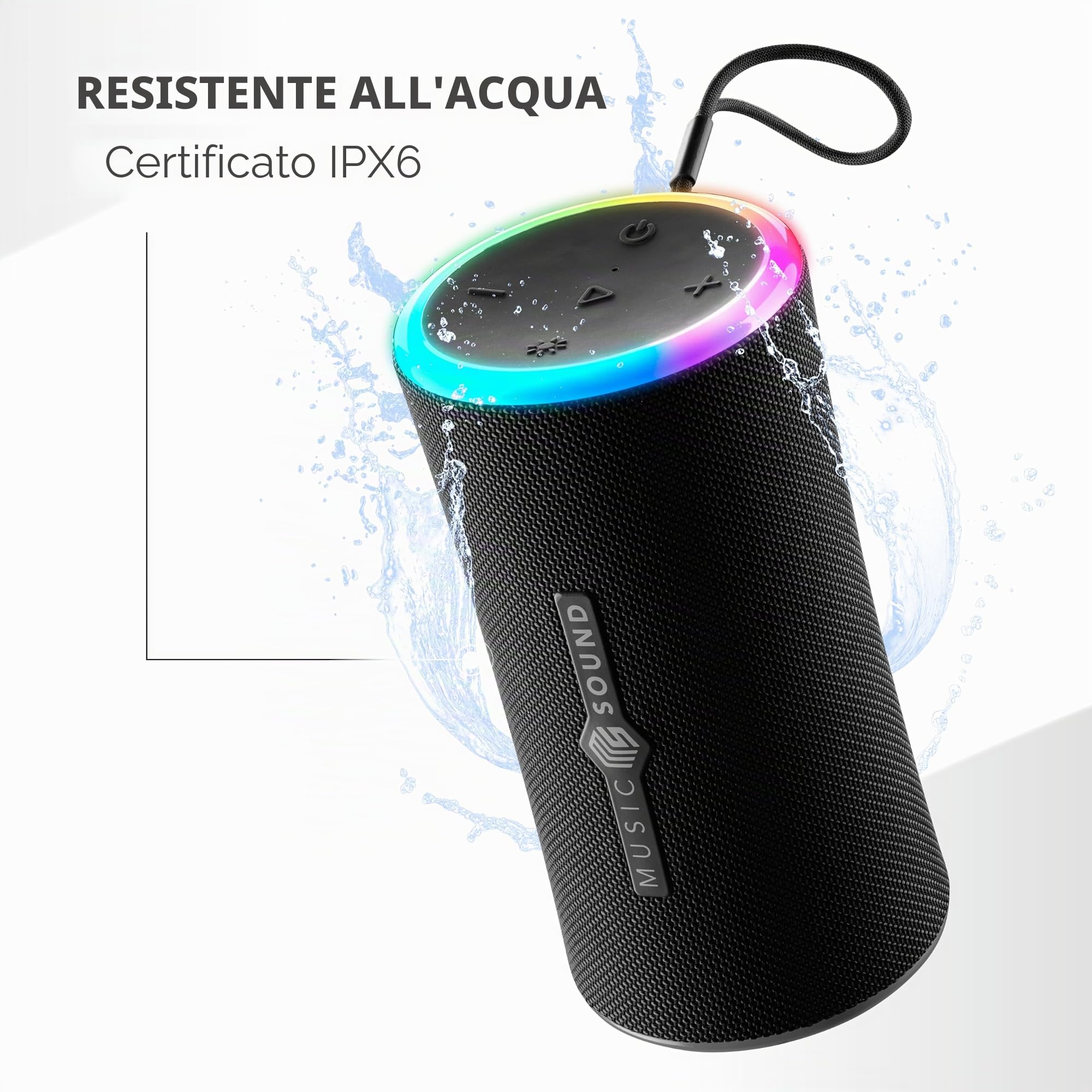 Music Sound AURA 20W - Cassa Bluetooth Portatile - Nero - IPX6 - luci RGB
