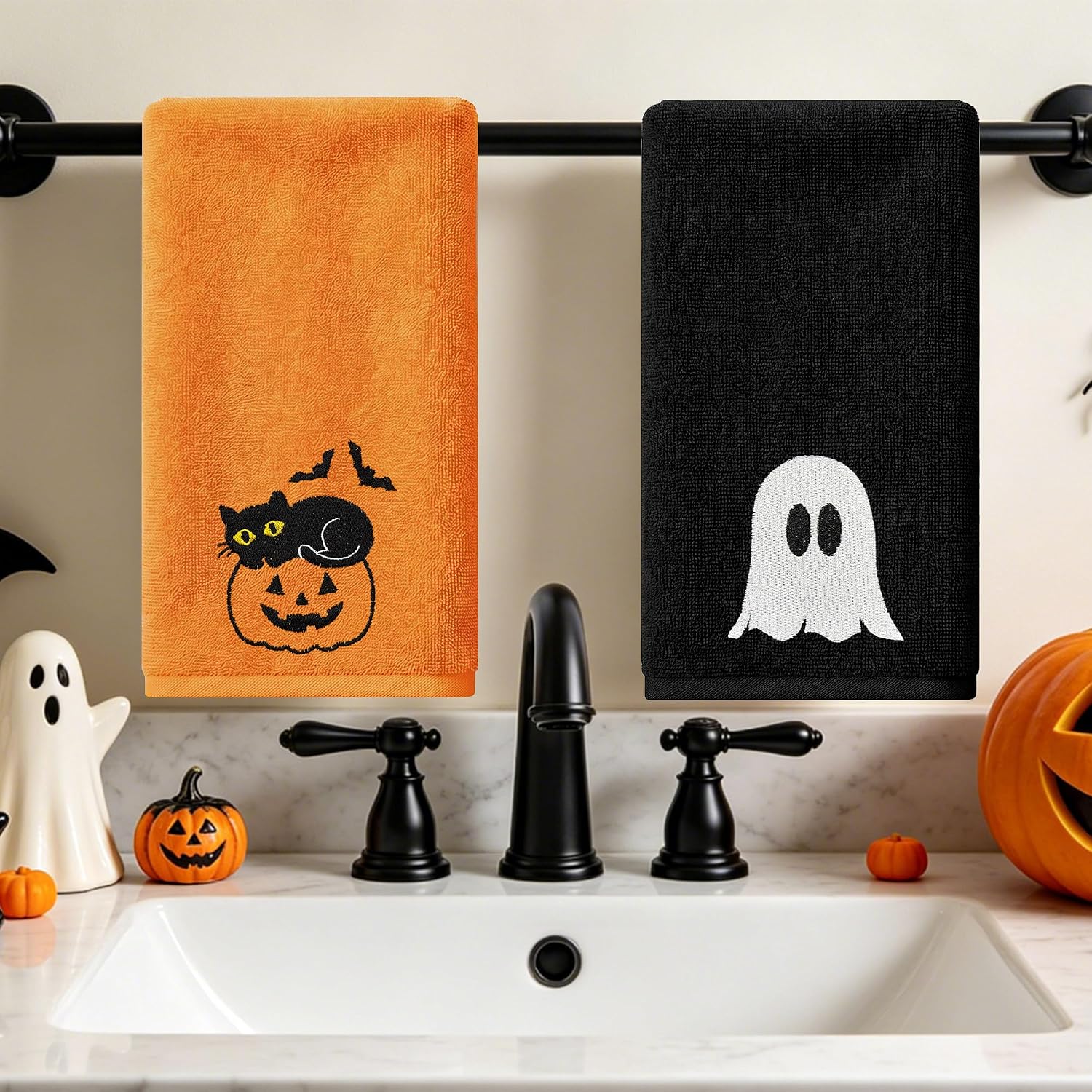Hexagram Halloween Hand Towels, Embroidered Towel, Halloween Bathroom Decor | Cat Ghost Decor, Black Towels, Orange Pumpkin, Sets of 2, 14" x 30", Gifts