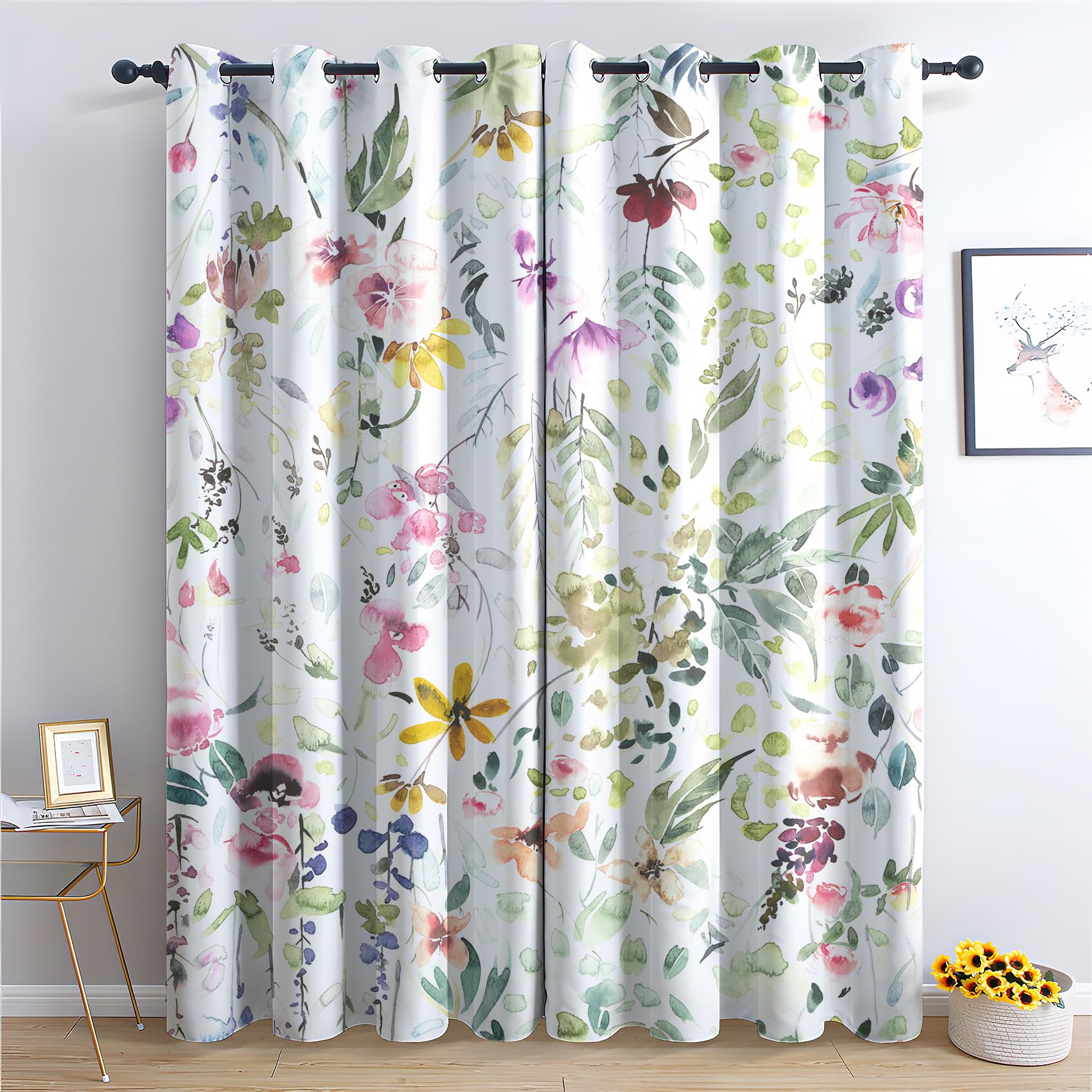 Thyunq Black/Light Floral Curtains, Out Curtains For Bedroom Living Room 108 Drop, Thermal Insulated Eyelet Drapes, Patterned Window Treatments, 90X108 Inch (W X L), 2 Panels