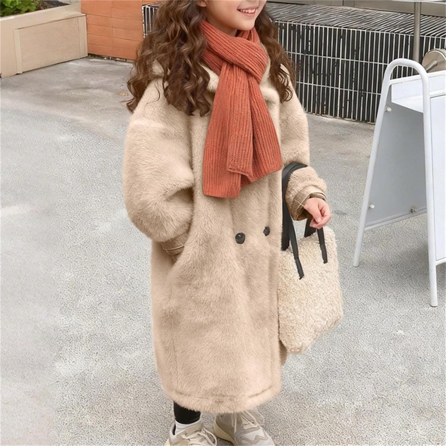 Girls Faux Fur Long Coat Winter Hooded Sherpa Jacket Fuzzy Fleece Warm Windbreaker Overcoat with Pockets