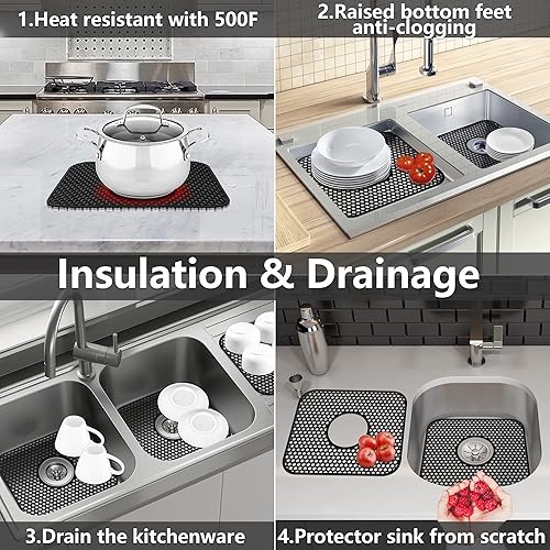 Miniatura 5 de Protectores de fregadero para fregadero de cocina, 2 alfombrillas de cocina de silicona de 13.58 x 11.6 pulgadas, protector inferior antideslizante