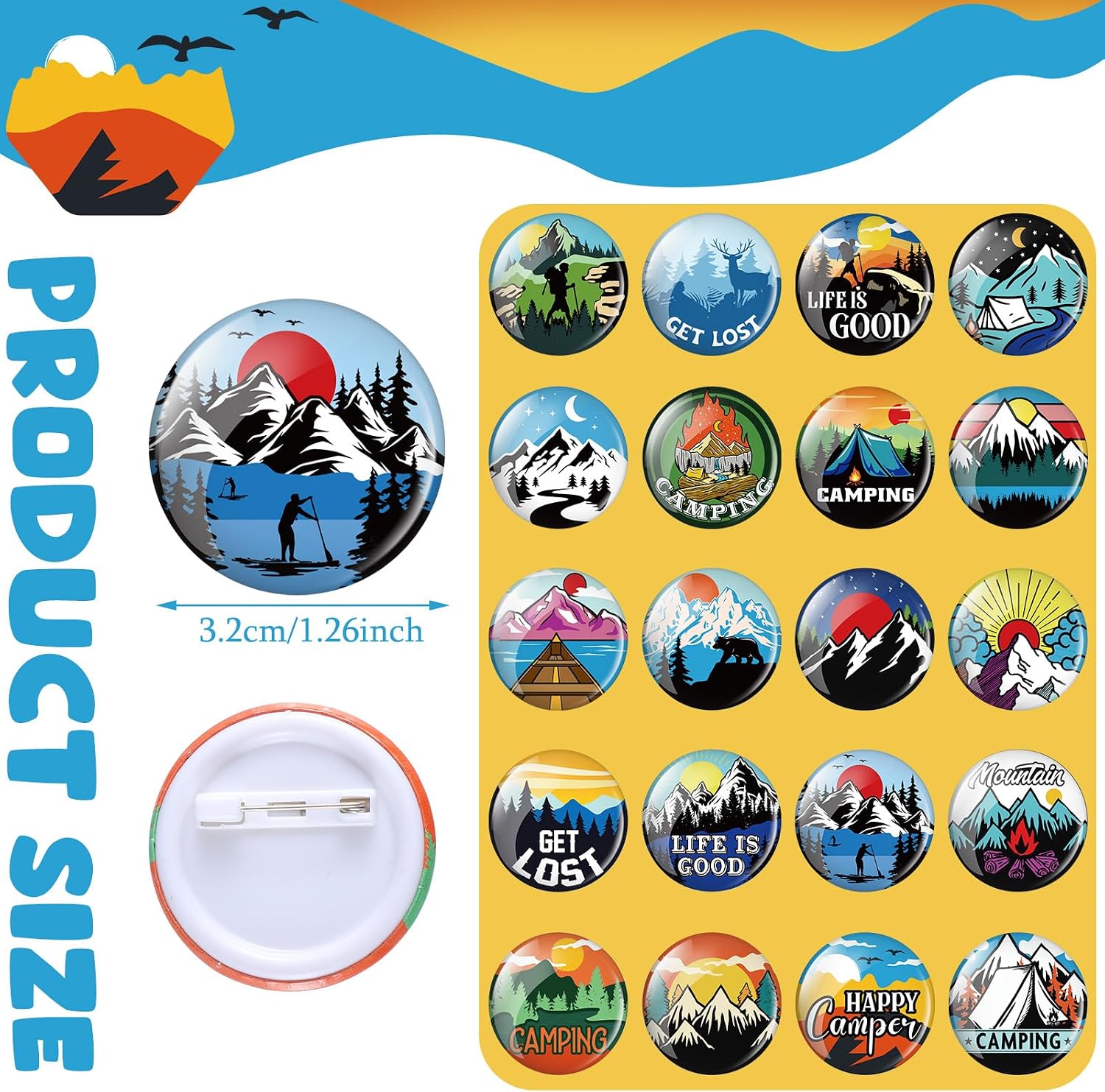 Tondiamo 120 Pcs Camping Button Pins Bulk Camp Badges Brooch Pins image 2