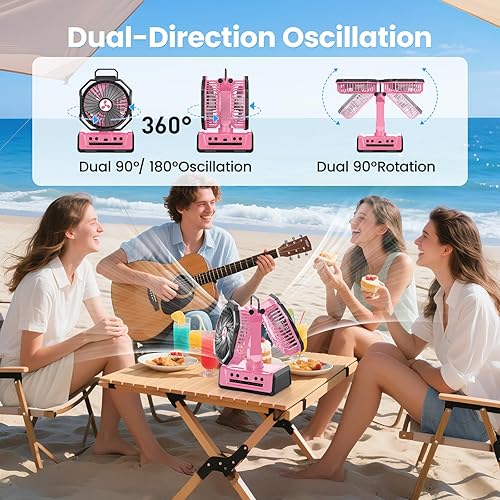 Miniatura 5 de Ventilador recargable portátil de doble cabezal de 20000 mAh, ventilador de campamento inalámbrico con linterna LED y control remoto, oscilación