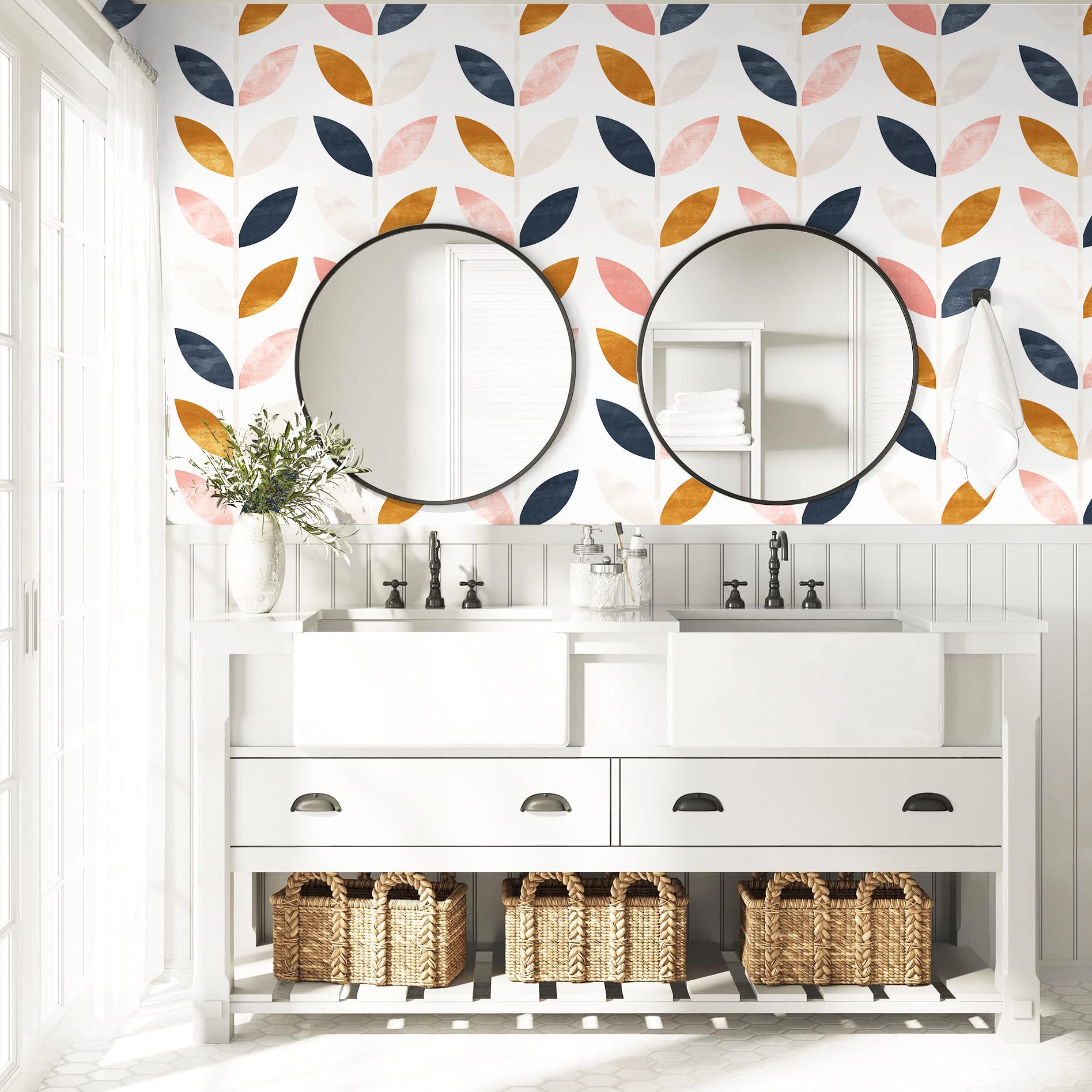 HAOKHOME Peel and Stick Wallpaper Boho Removable White/Tan/Navy Vinyl ...