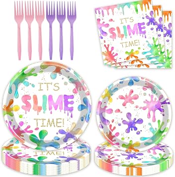 80 Pcs Slime Birthday Party Supplies Decoration, Colorful Its Slime Time Paper Plates Napkins Forks Tableware Kit for Glitter Colorful Slime Splatter Theme Girls Birthday Party Supplies