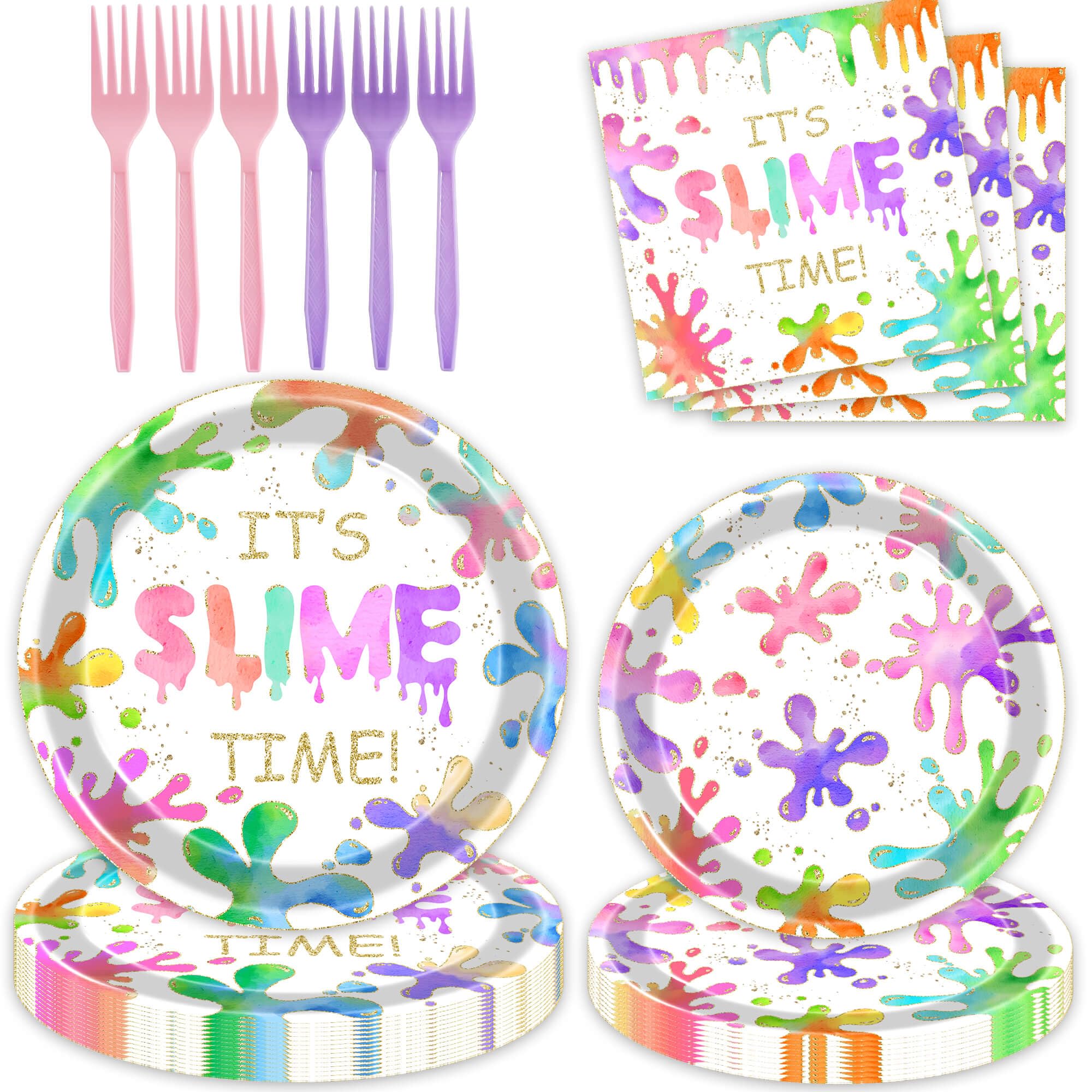 80 Pcs Slime Birthday Party Supplies Decoration, Colorful It's Slime Time Paper Plates Napkins Forks Tableware Kit for Glitter Colorful Slime Splatter Theme Girls Birthday Party Supplies