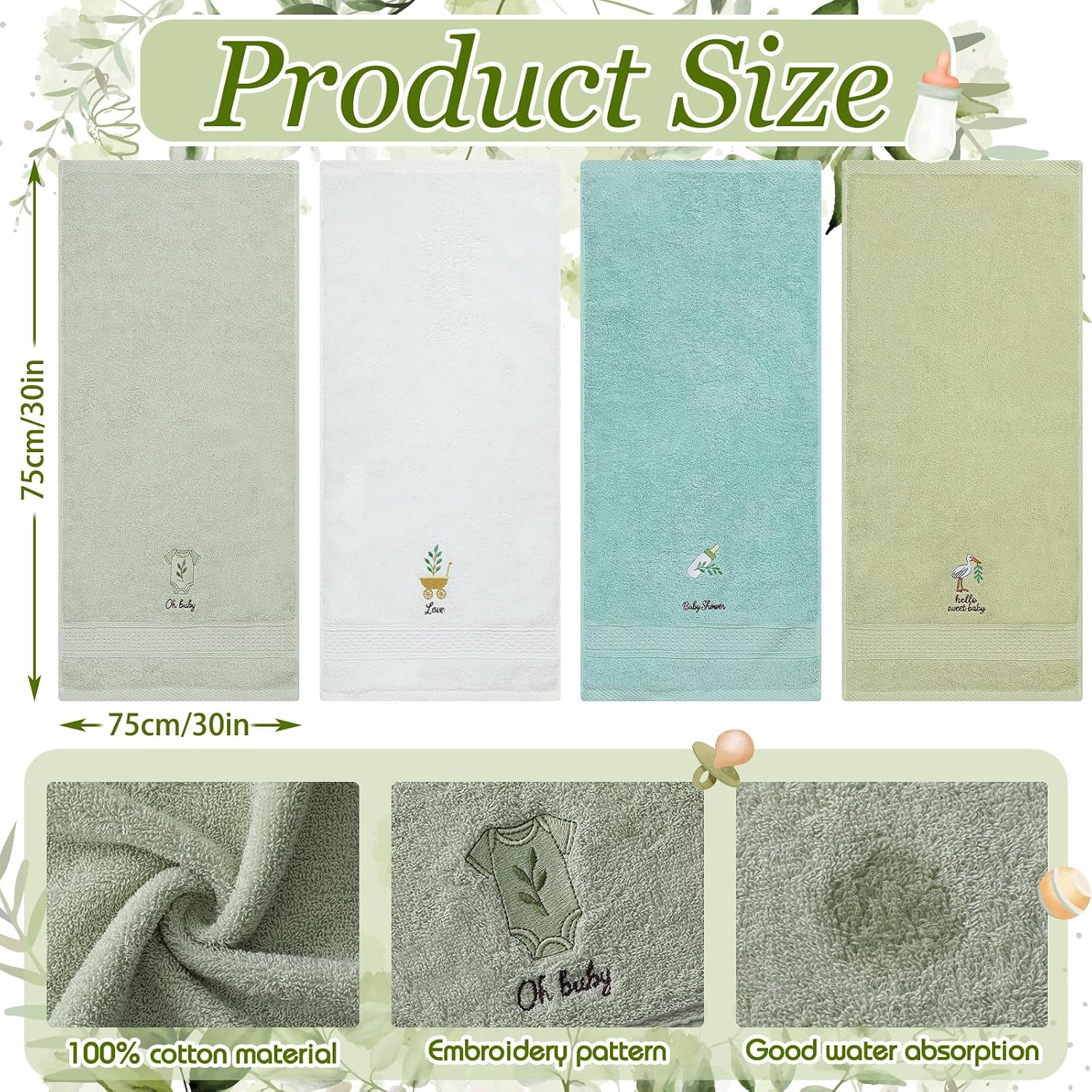 Breling 12 Pcs Sage Green Hand Towels Baby Shower Tropical Embroidered Greenery Leaf Towels for Boy Girl Baby Shower Bathroom Kitchen Party Favors 30 x 14 Inch