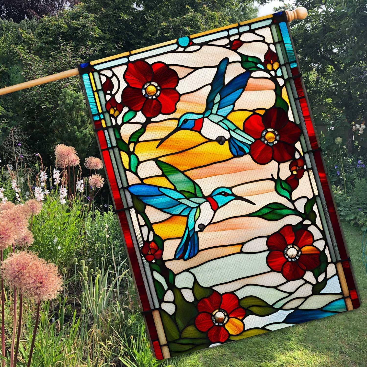 Spring Summer Hummingbird Garden Flag Glass Style Vertical Double Sided Rustic Farmland Burlap Yard Lawn Outdoor Decor 28x40" - Image 2