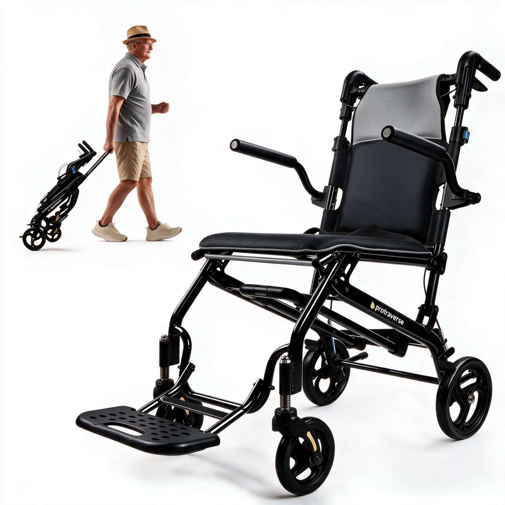 Wheelchairs for Adults –Transport Wheelchair Lightweight Foldable with Telescopic Handle, 16-Inch Seat Width, Portable Travel Wheelchair for Seniors, Supports Up to 350 lbs,Grey