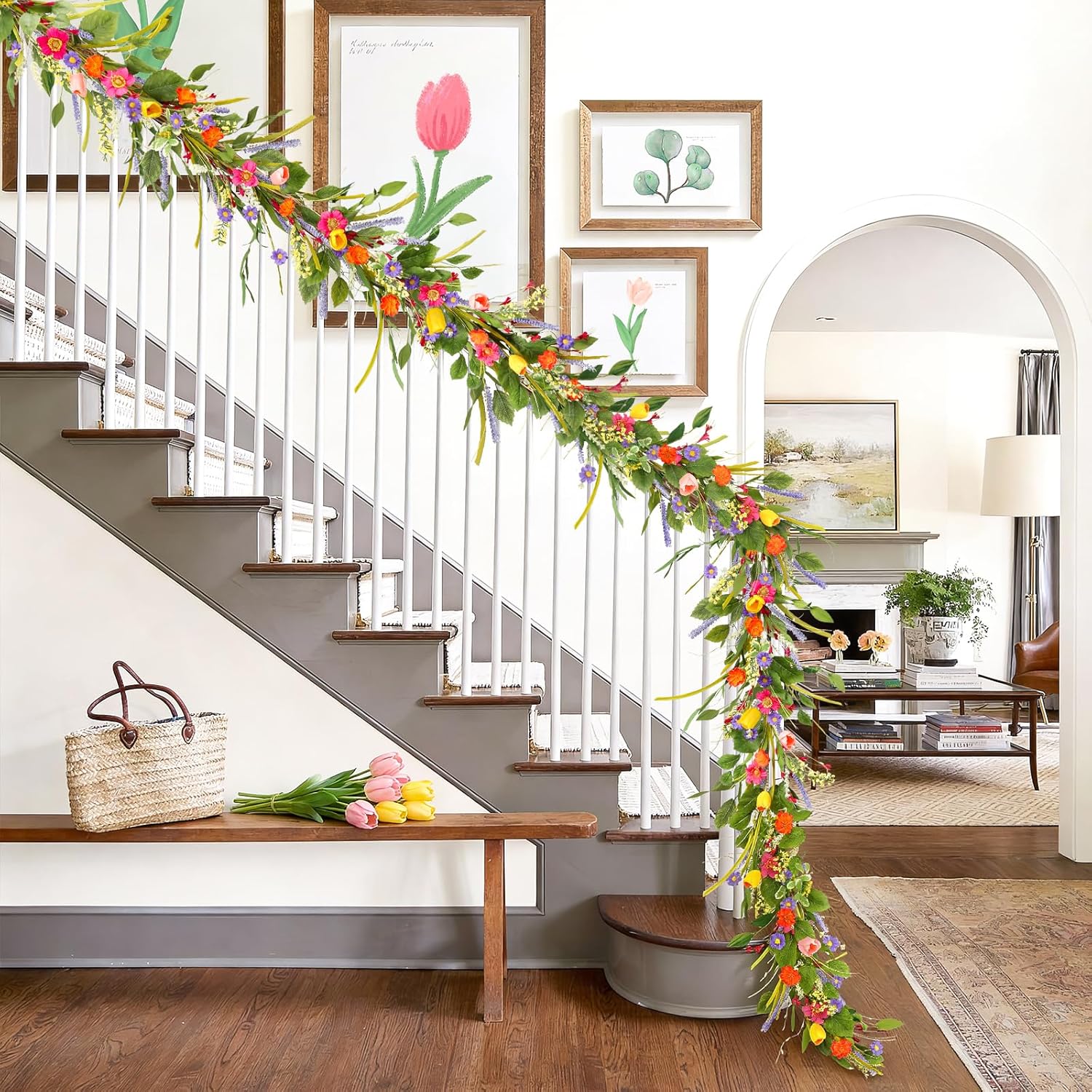 HOHOTIME Tulip Flower Garland with Lavender, 6FT Artificial Spring Floral Vines for Mantle Wedding Porch Staircase Indoor Decor, Fake Wildflower Easter Home Decoration