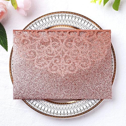 Vista 104 de ponatia 5.12 x 7.2 Invitaciones de boda de corte láser con purpurina negra, bolsillos de invitación triples cortados con láser con sobres