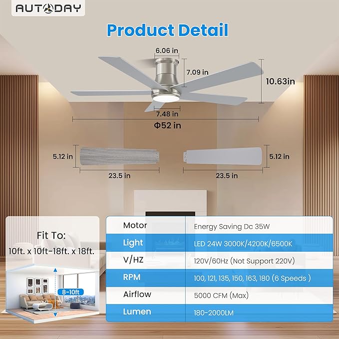 Ventilador de Techo 52 Pulgadas con Luz, 6 Velocidades, 120V miniatura 8