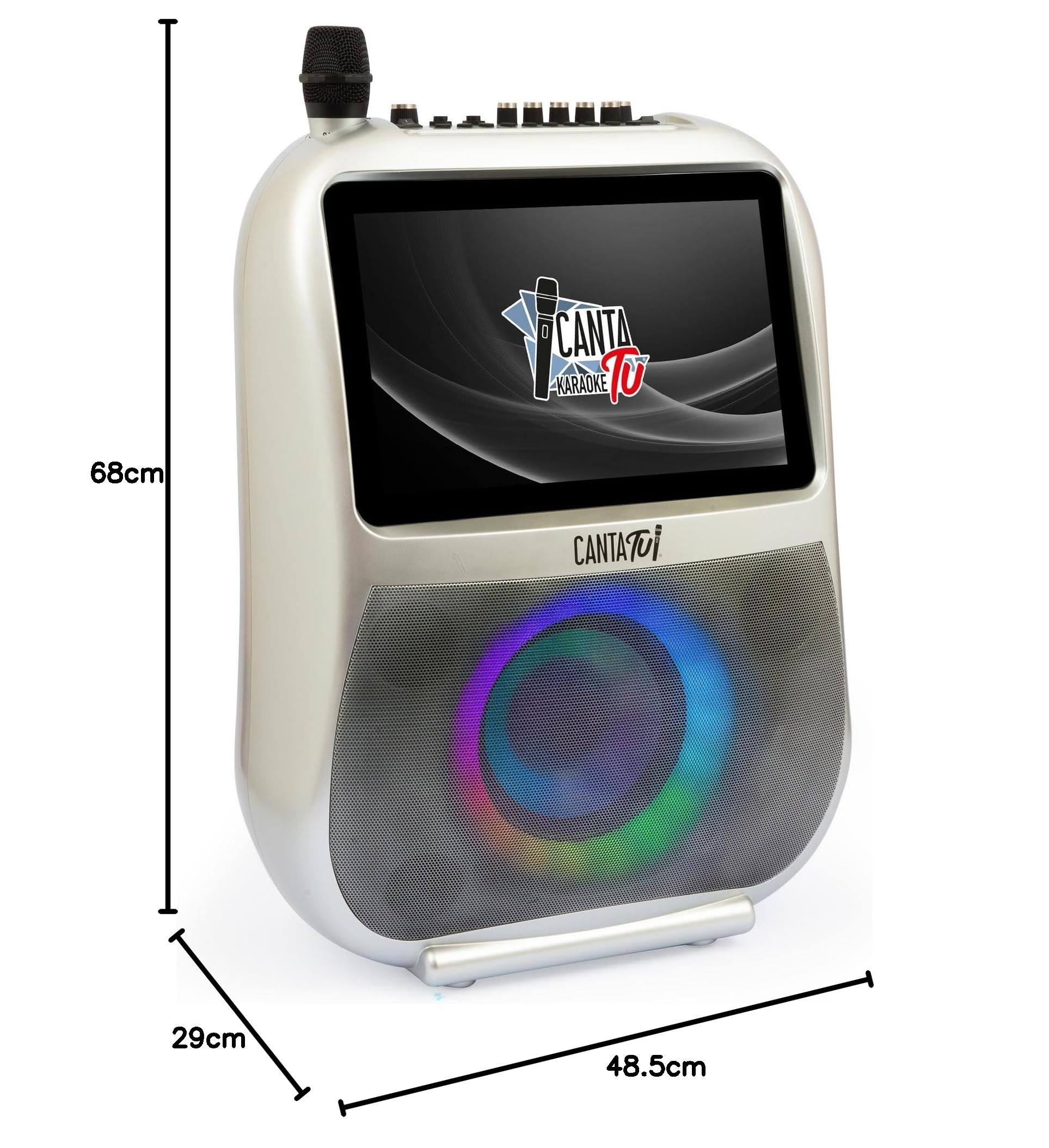 CANTA TU KARAOKE - PRO 2023 Professionale Completo con Microfono Wireless, Display Touch, Connessione Wi-Fi, Effetti Vocali, Luci LED, Batteria Ricaricabile, Voice Changer, Argento