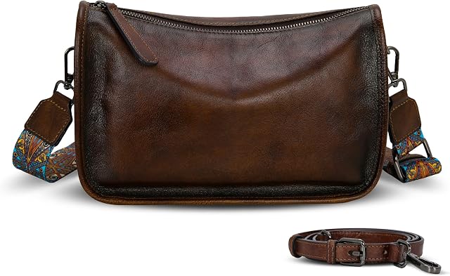 HESHE Leather Crossbody Bag for Women Zippered Pocket Purse Shoulder Purse Travel Cross Body Bag with Wide Strap
