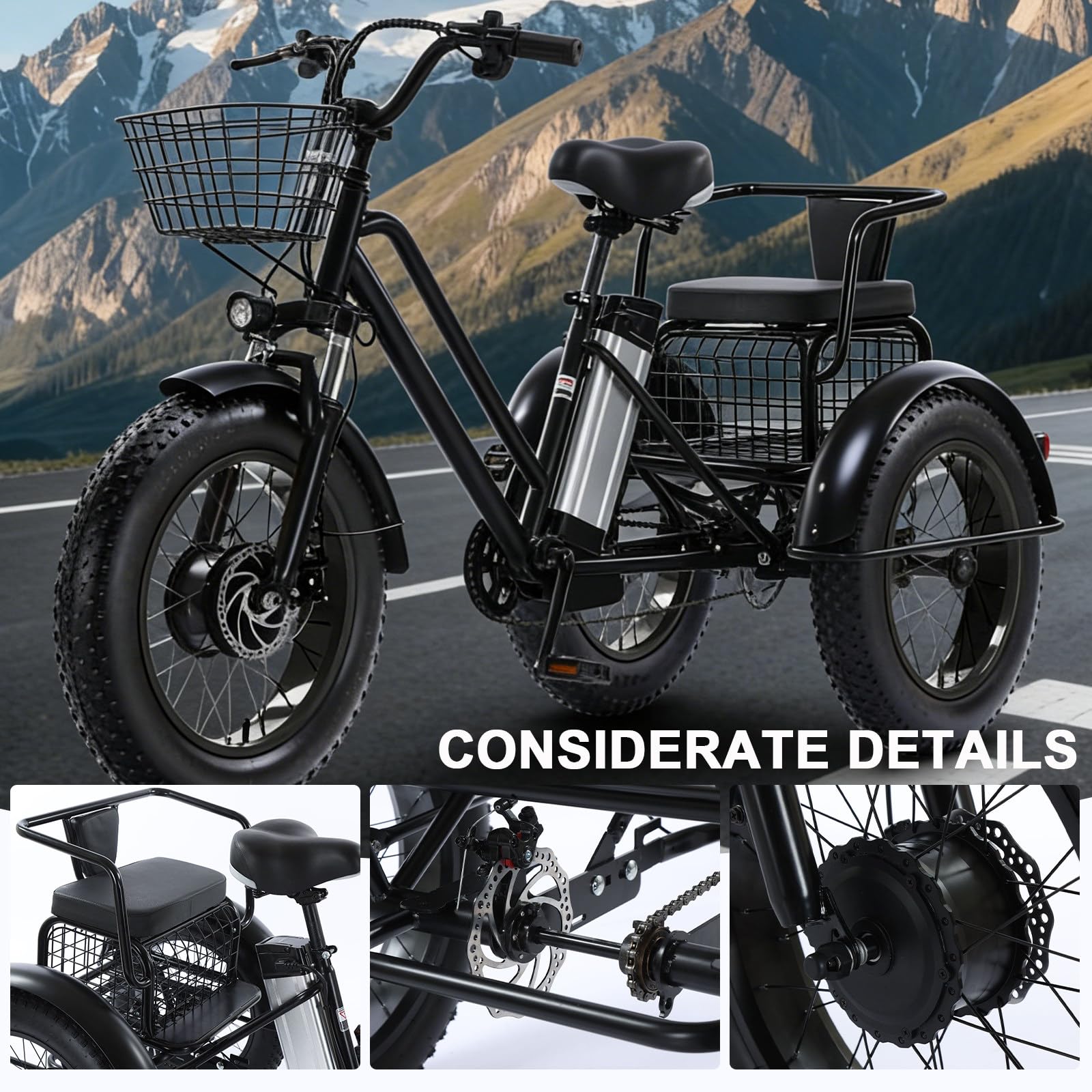 Triciclo Elettrico a Tre Ruote per Adulti - Batteria Rimovibile 48V/12Ah, Bici da Carico Elettrica da 20 Pollici, Carico Massimo 250 kg, per Pendolarismo e Viaggi Only-Trike
