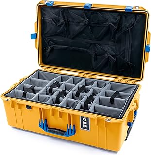 Pelican 1595 Case by ColorCase - Yellow - Large Sized Waterproof Case with Grey Padded Dividers & Mesh Lid Organizer - Blue Handles & Latches