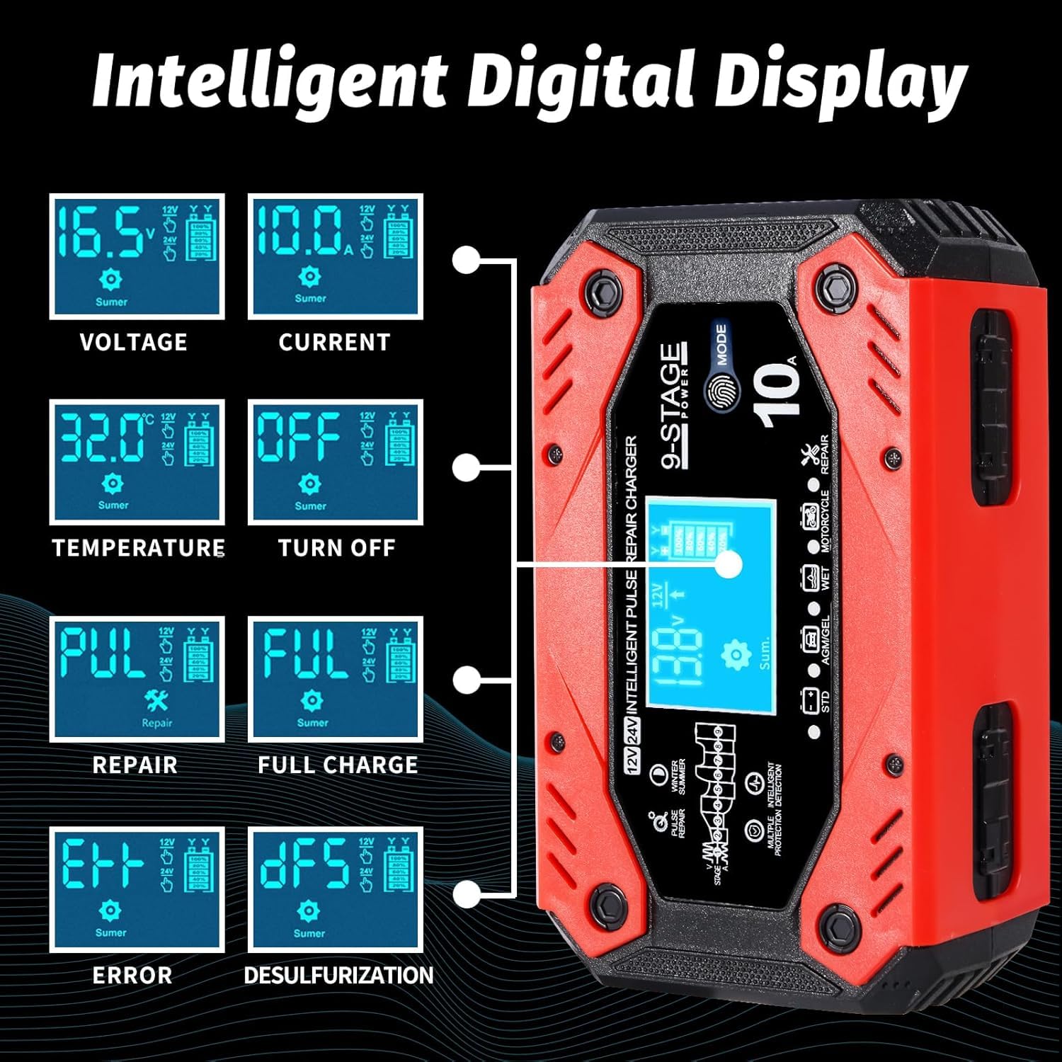 Ładowarka do akumulatorów samochodowych i motocyklowych, 12V 10A/24V 5A Ładowarka samochodowa Wiele zabezpieczeń Ładowarka motocyklowa z ekranem dotykowym LCD do AGM/Żel/EFB
