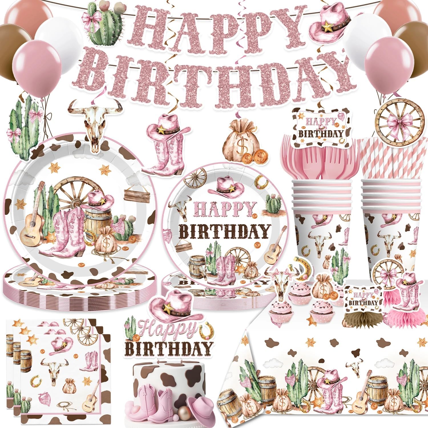 Xynic 351pcs Western Cowgirl Birthday Party Decorations Tableware Set, 50 Serves Disposable Cowgirl Plates and Napkins Set, with Cake Topper, Banner, Tablecloth, for Pink Western Party Decorations