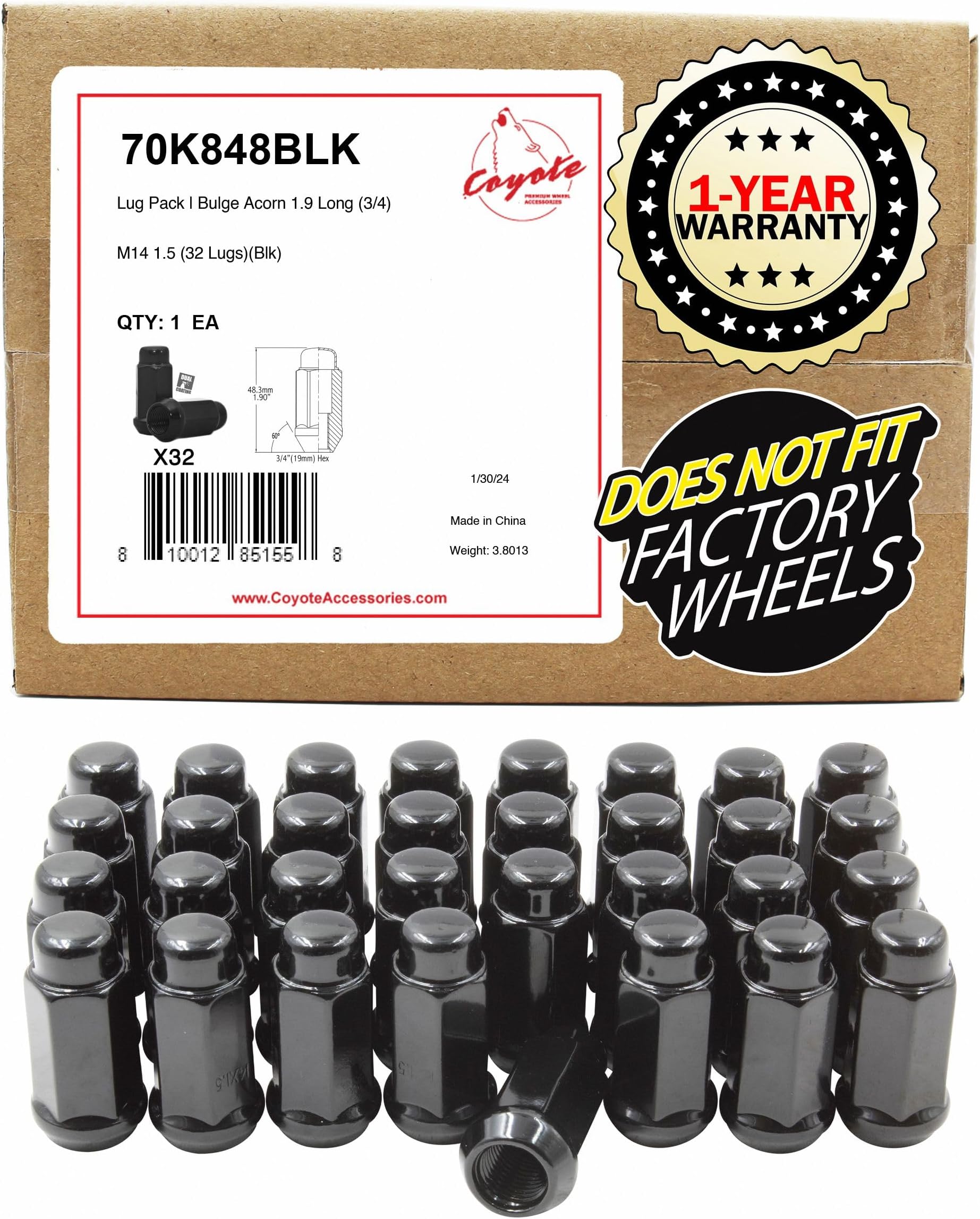20 Pcs Black Lug Nuts M14x1.5 Thread - 1.10" Long, 7/8" Hex, Ball Seat For Honda Odyssey Pilot 2018+