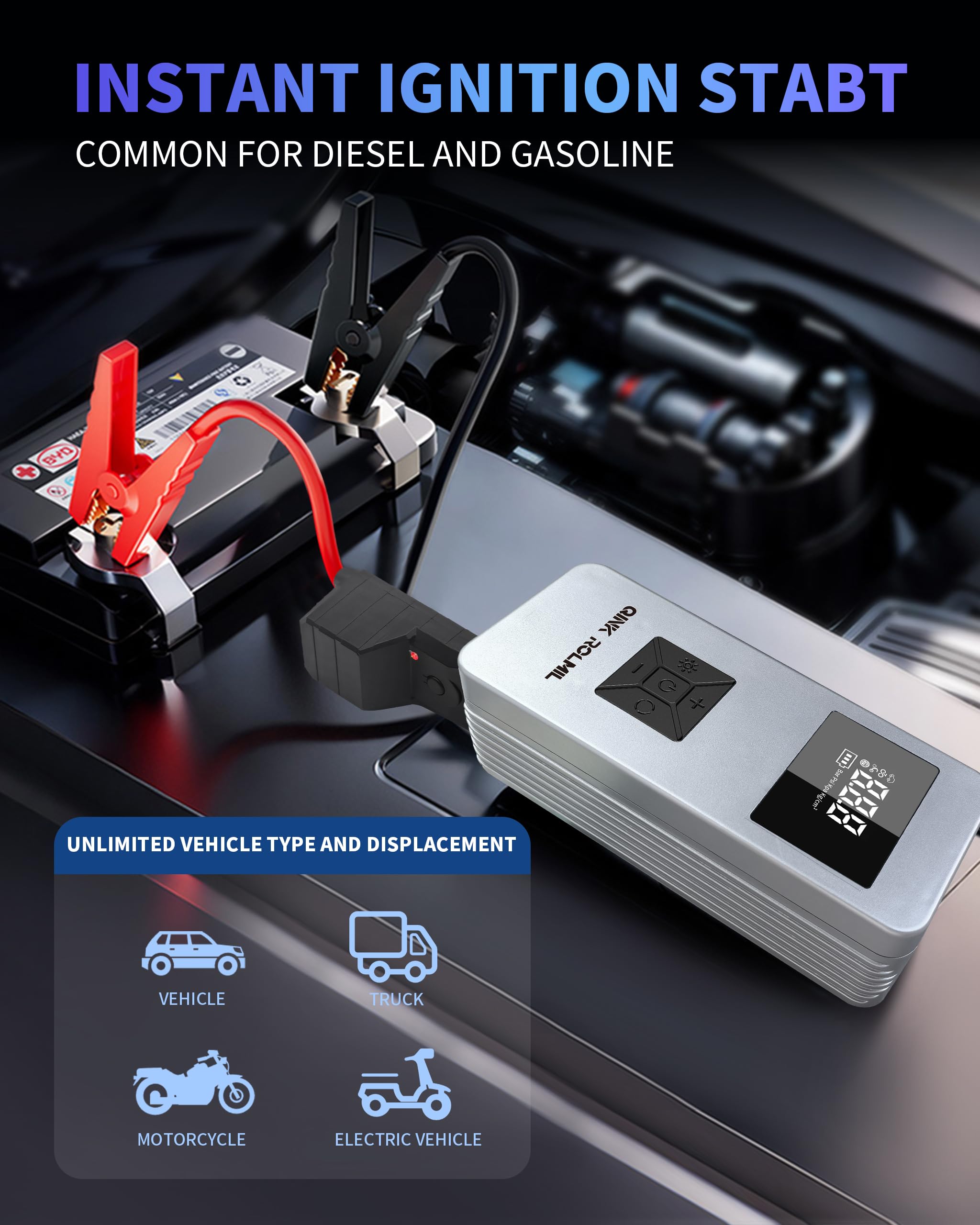 Arrancador de salto con compresor de aire, batería automotriz de 12 V 8000 A (gas de 6.0 L y 3.0 L diésel), bomba infladora de neumáticos de 150 PSI para automóvil, motocicleta y bicicleta