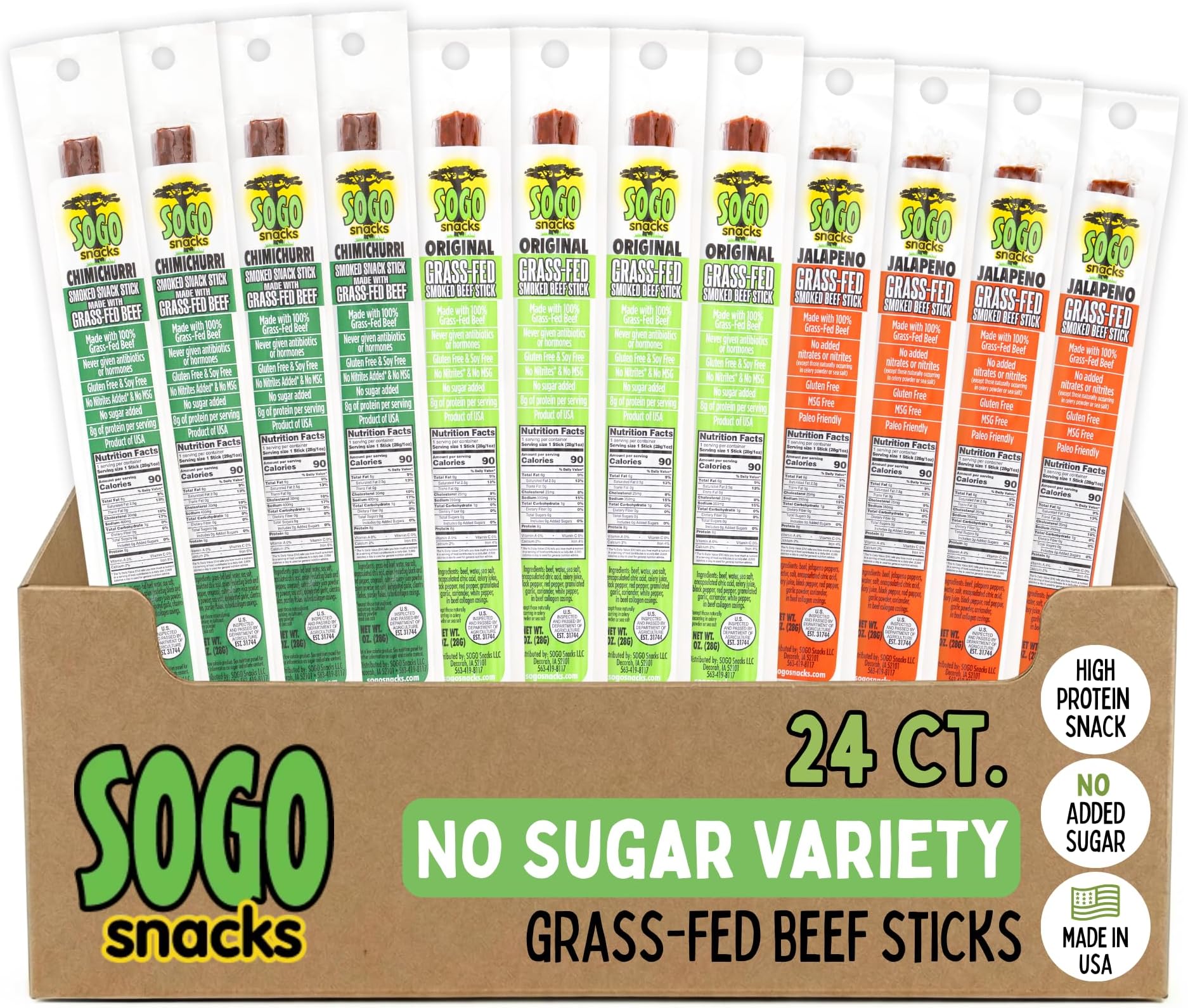 - No Sugar Variety, 100% Grass-fed/finished, Non-GMO Beef Sticks. No Added Nitrates, Gluten, Soy, MSG, Dairy or Nuts. Keto, Whole & Paleo. (8 Original, 8 Chimichurri, 8 Jalapeno, 24-Cnt, 1-oz Sticks)
