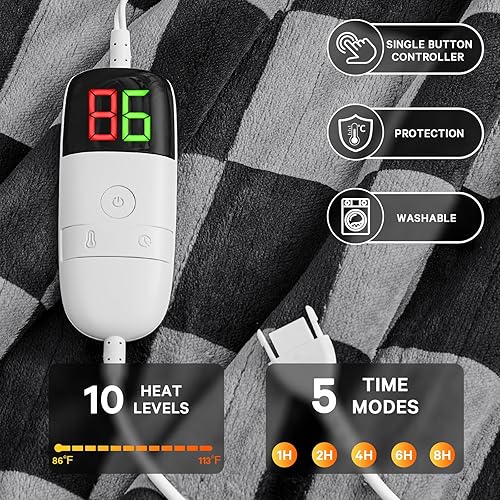 Miniatura 4 de Manta eléctrica térmica tamaño individual, manta térmica de 62 x 84 pulgadas con 10 niveles de calor y 8 horas de apagado automático, manta sherpa