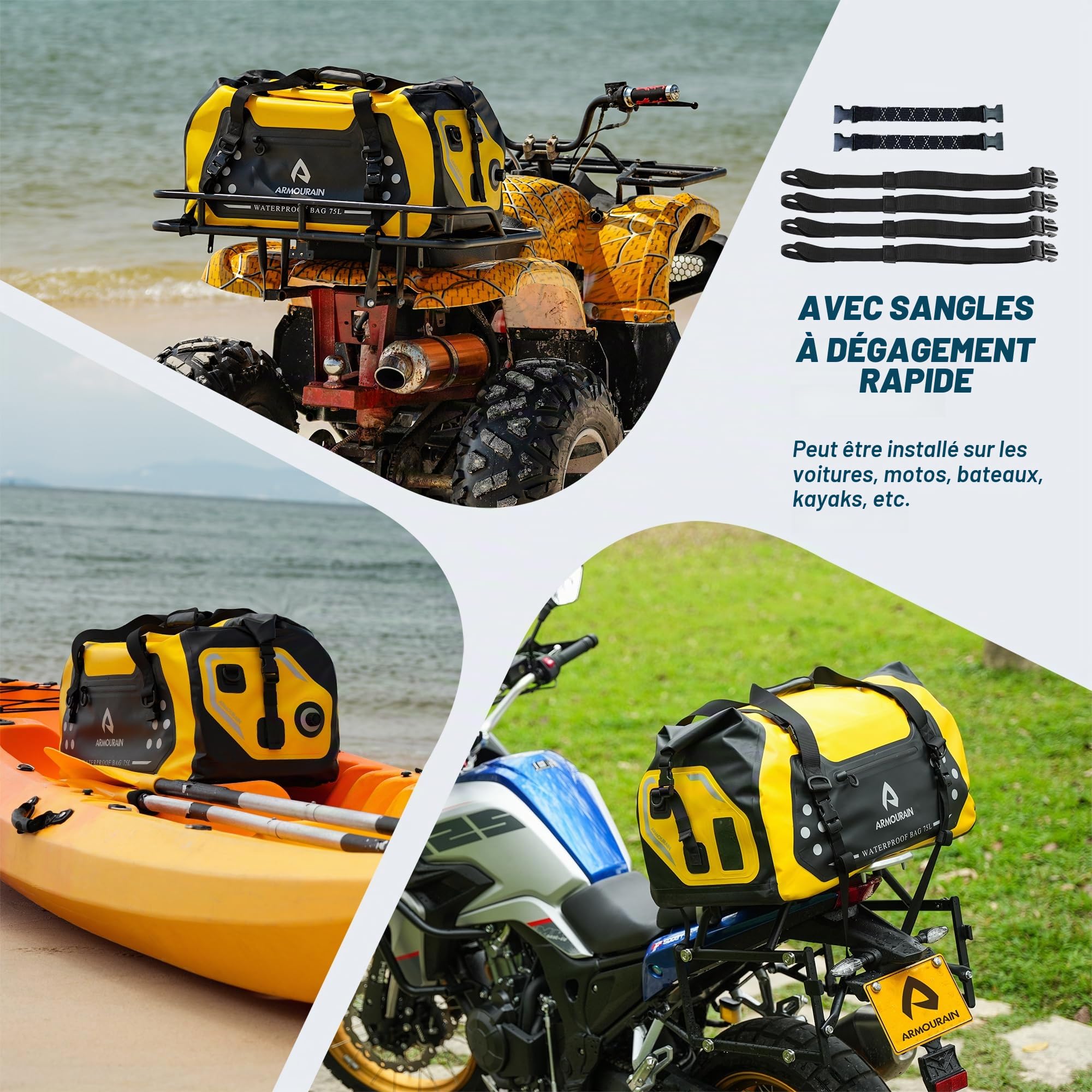 Sac Sec Moto 75L Grand Sac Polochon étanche Sec de Siège de Coffre Pliable pour Voyage, Canotage, Moto, Kayak (Noir)