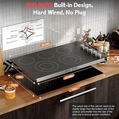 Miniatura 6 de Karinear Placa de cocina eléctrica de 36 pulgadas, 5 quemadores, control de perilla de estufa eléctrica, 9 niveles de potencia, indicador de calor