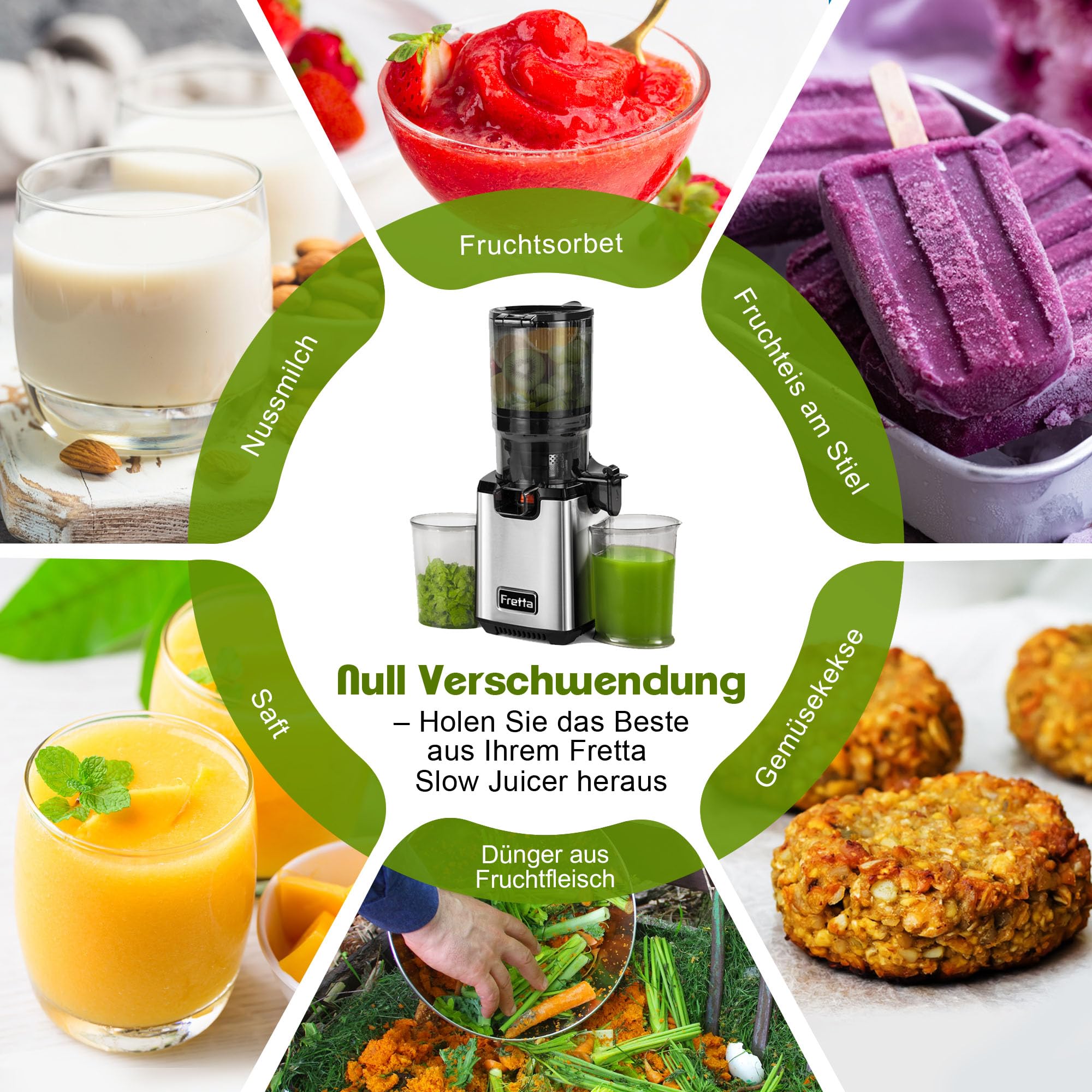Fretta Entsafter Slow Juicer Edelstahl Entsafter Gemüse und Obst Testsieger | 135MM Öffnung & 1,8L Juicer Machine mit Umkehrfunktion, Einfache Installation, Leicht zu Reinigen, 100% BPA Frei, 250W