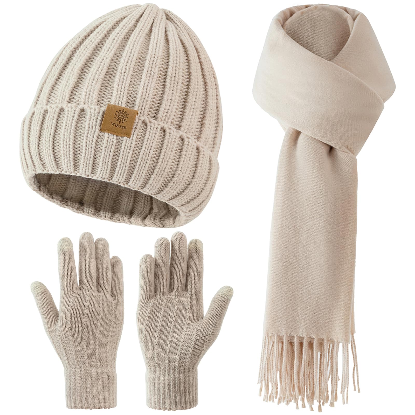 Women Winter Hat Beanie+Long Scarf+Touch Screen Gloves Set, Warm Clothes Set with Knit Fleece Lined for Women/Men Winter