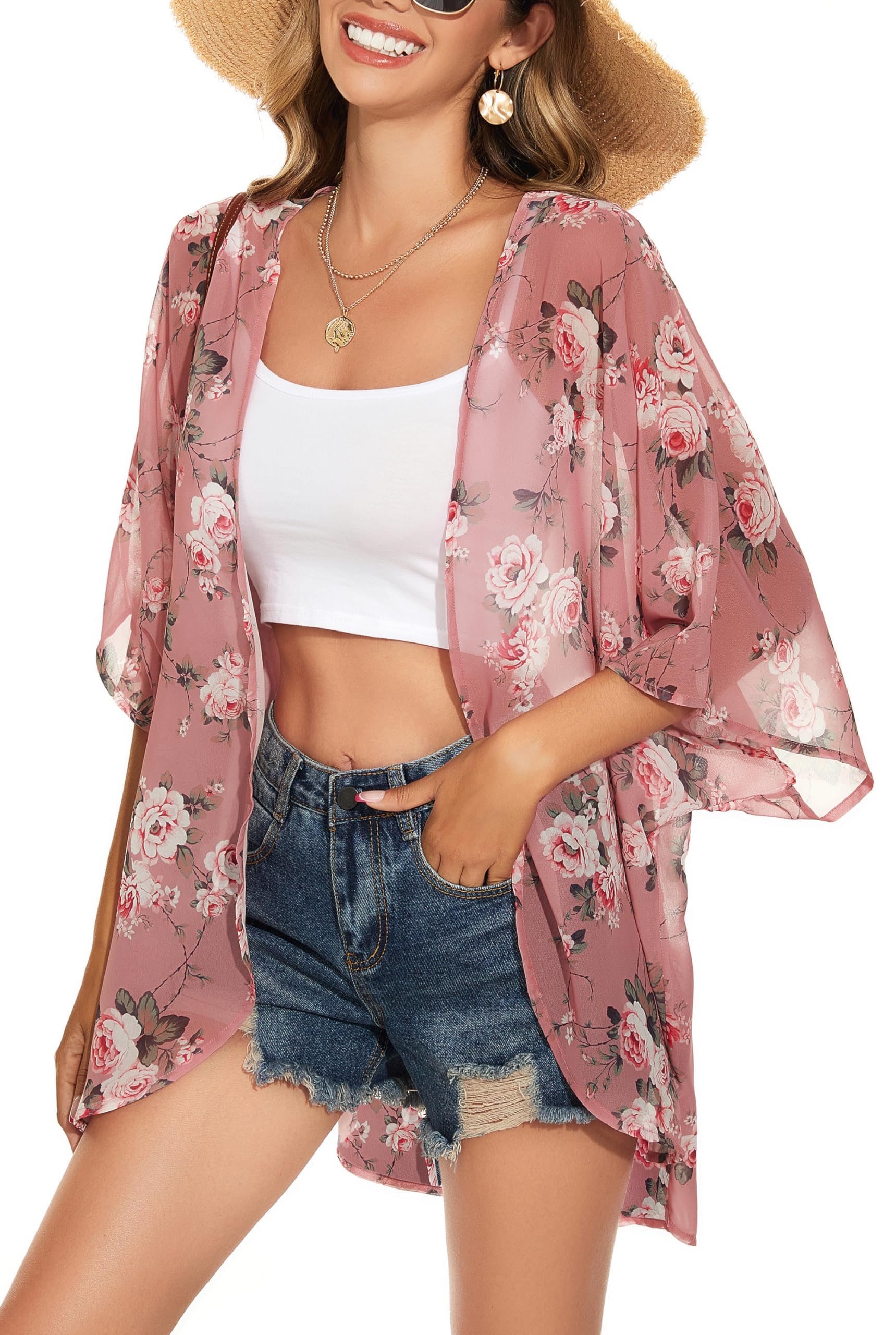 ADOREJOY Women's Tops Summer Kimono Cardigan Floral Print Puff Sleeve Swimsuit Cover Up Casual Loose Fit Blouse — view 9