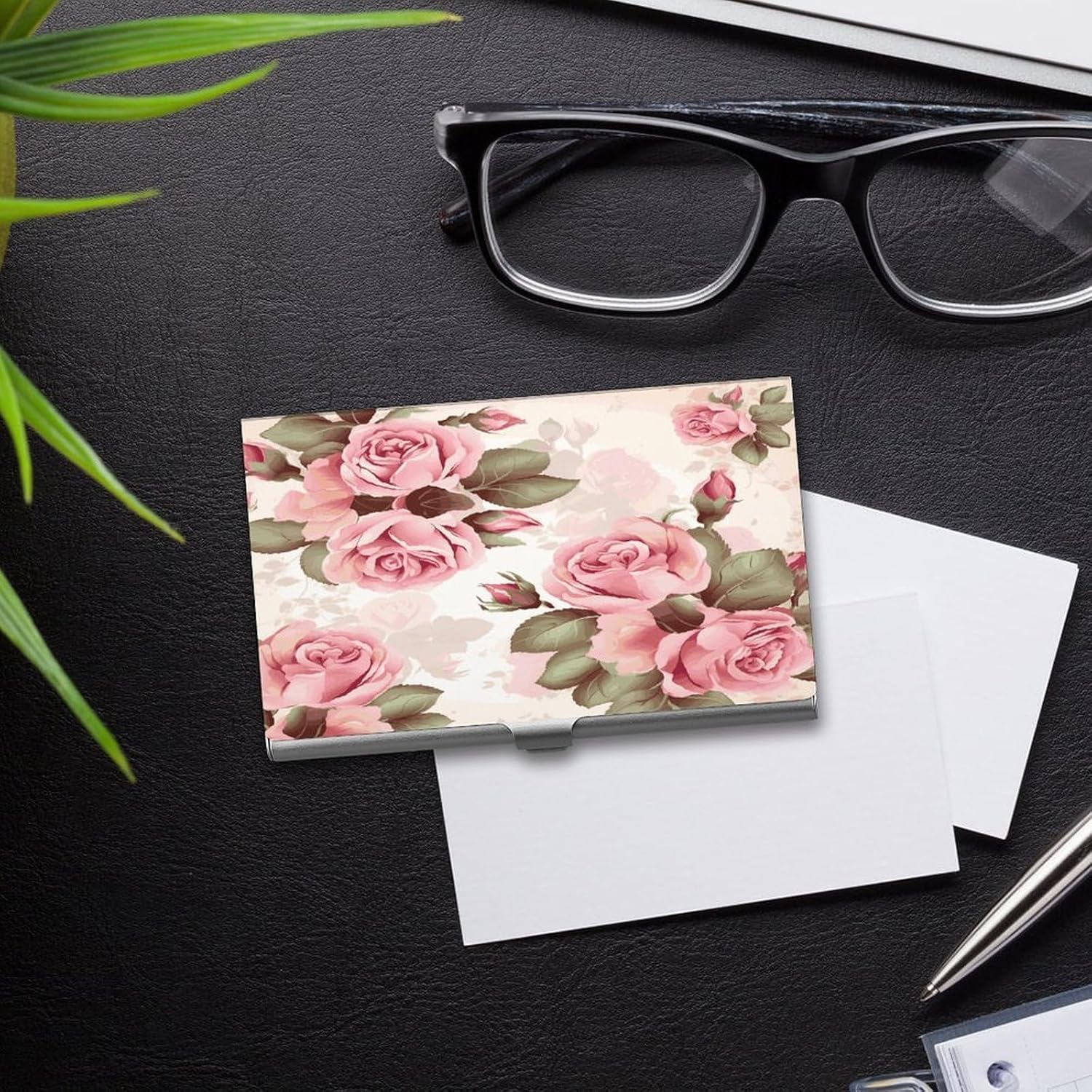 Pink Rose Floral Business Card Holder Fashion Metal Business Card Case Professional Credit Card Protector Aluminum Alloy Flip Cover Slim Name Card Case Holder for Men Women
