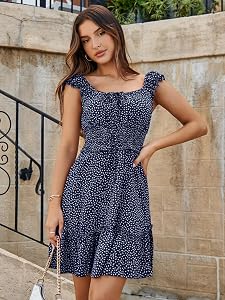 Cicy Bell Women's Summer Ruffle Sleeve Sweetheart Neckline Printing Dress Mini Dress