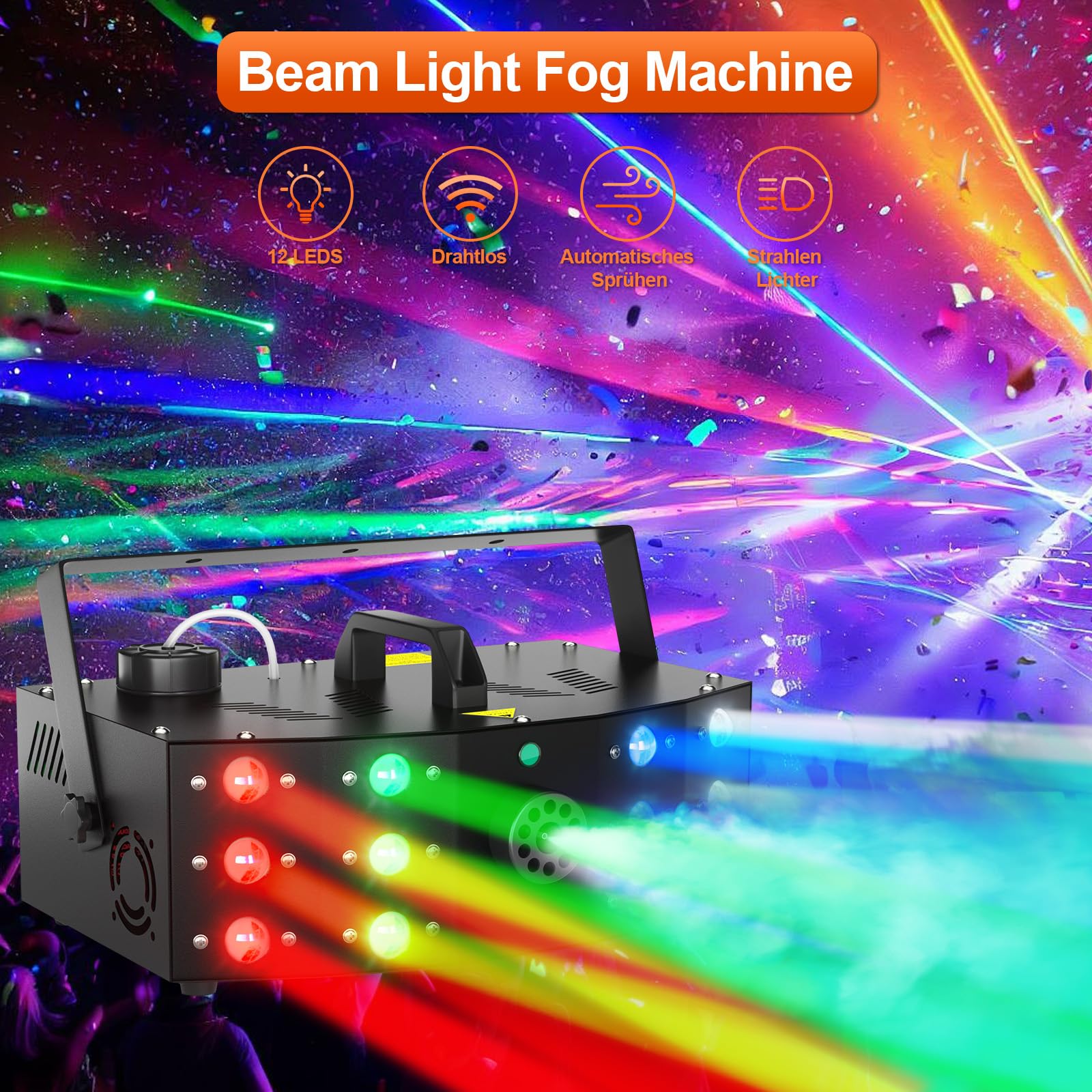 Hakuta Nebelmaschine, DMX Lichtstrahlen Rauchmaschine mit 12 LED bunten Lichtsteuerung & manuelle Steuerung & Fernbedienung Perfekt für Indoor Outdoor Hochzeit, Halloween, Party und Bühneneffekt