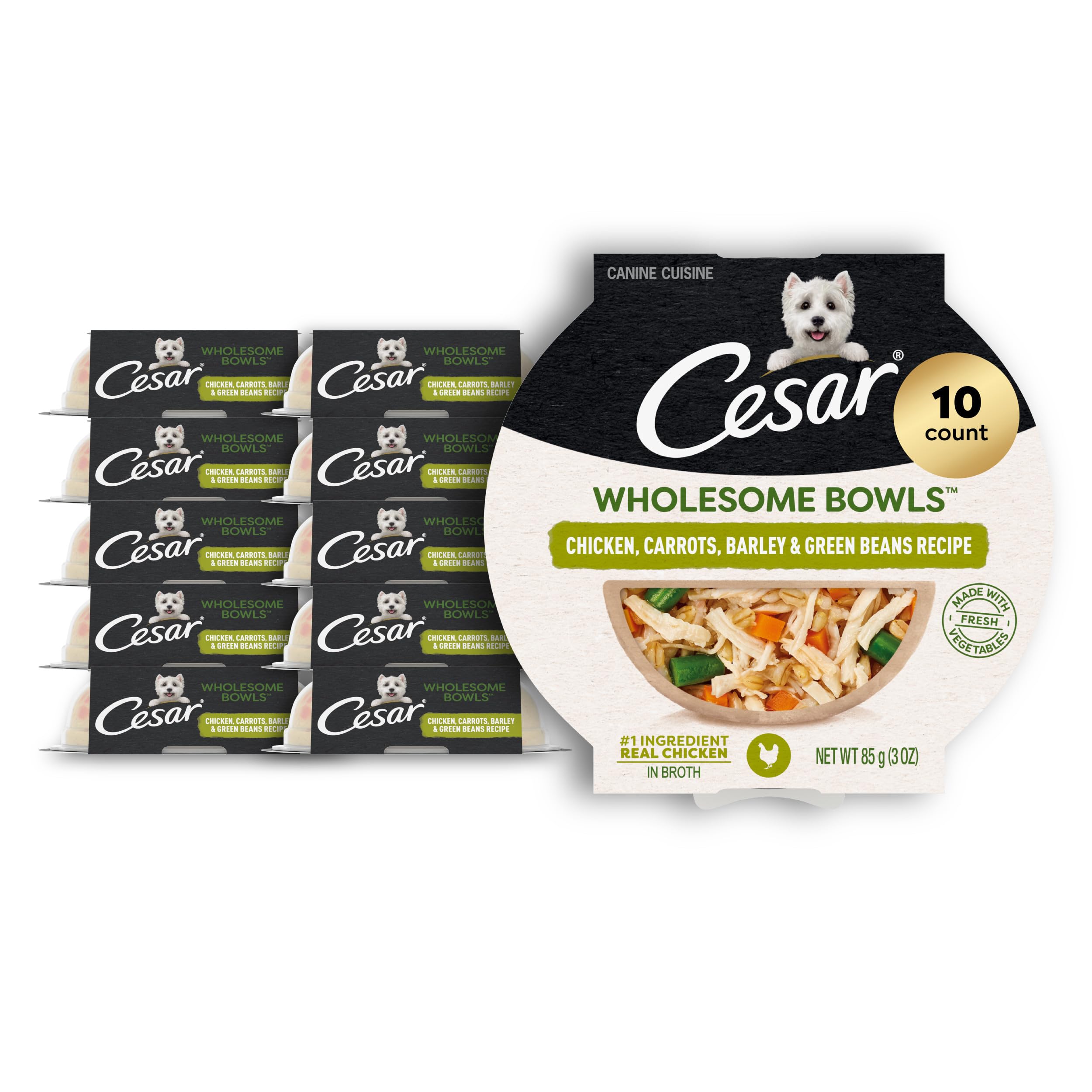 Cesar Wholesome Bowls Adult Wet Dog Food, Chicken, Carrots, Barley & Green Beans Recipe, Wet Food for Dogs, 3 Oz. Bowls, 10 Count