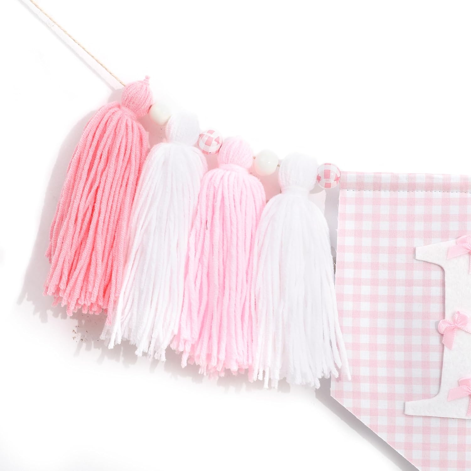 Pink Bow 1st Birhday High Chair Banner for Girls - Pink and White Gingham Tassel Highchair Banner, Coquette Girl 1st Birthday Decor, Girls Just Wanna Be One Bday Decorations - Image 8