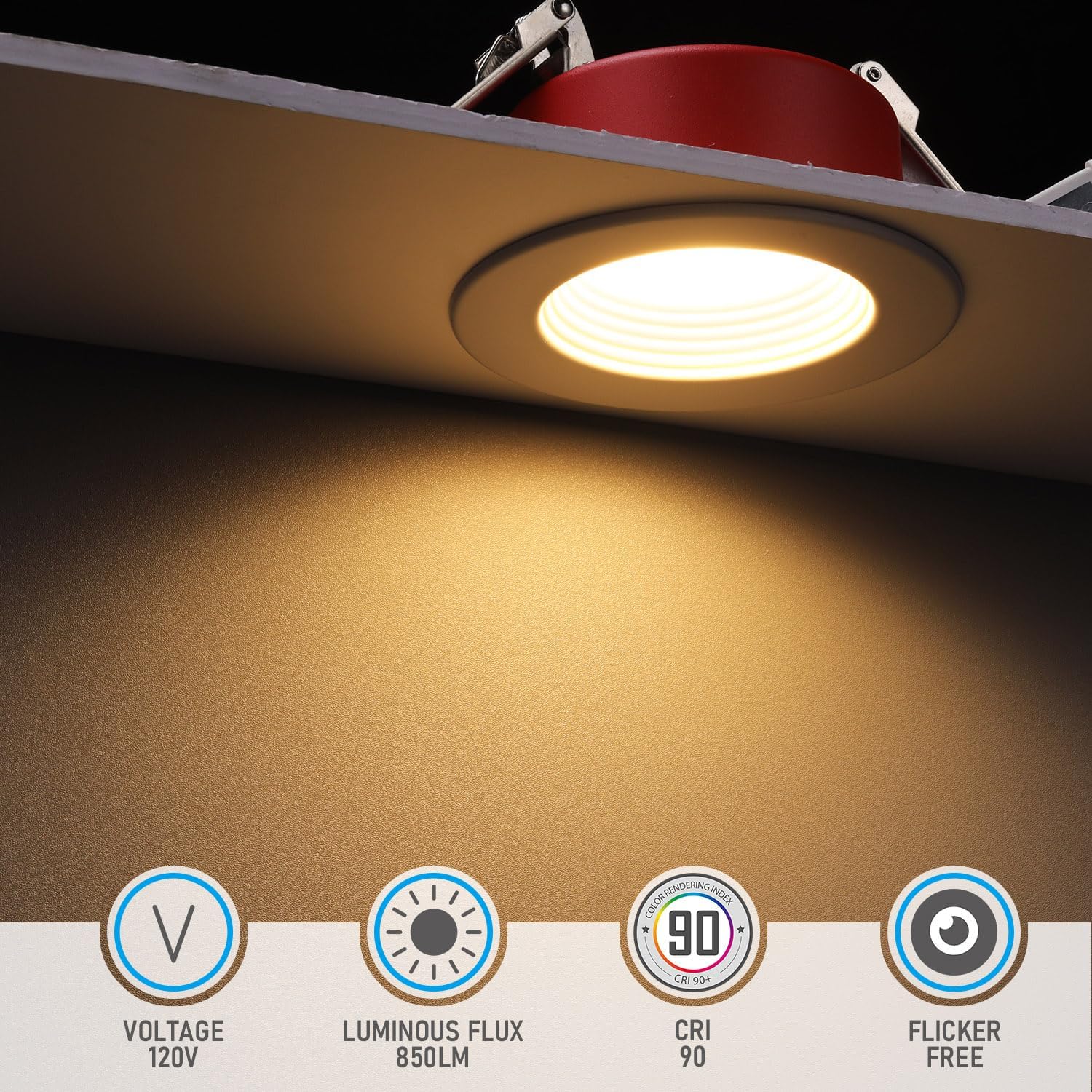 TORCHSTAR 4 Inch 2 Hour Fire Rated Baffle LED Recessed Lighting, UL263 Listed, 2700K3000K3500K4000K5000K, 5CCT Recessed Lighting with J-Box, CRI90, Dimmable Canless Downlight, ETL&ES&T24, Pack of 4