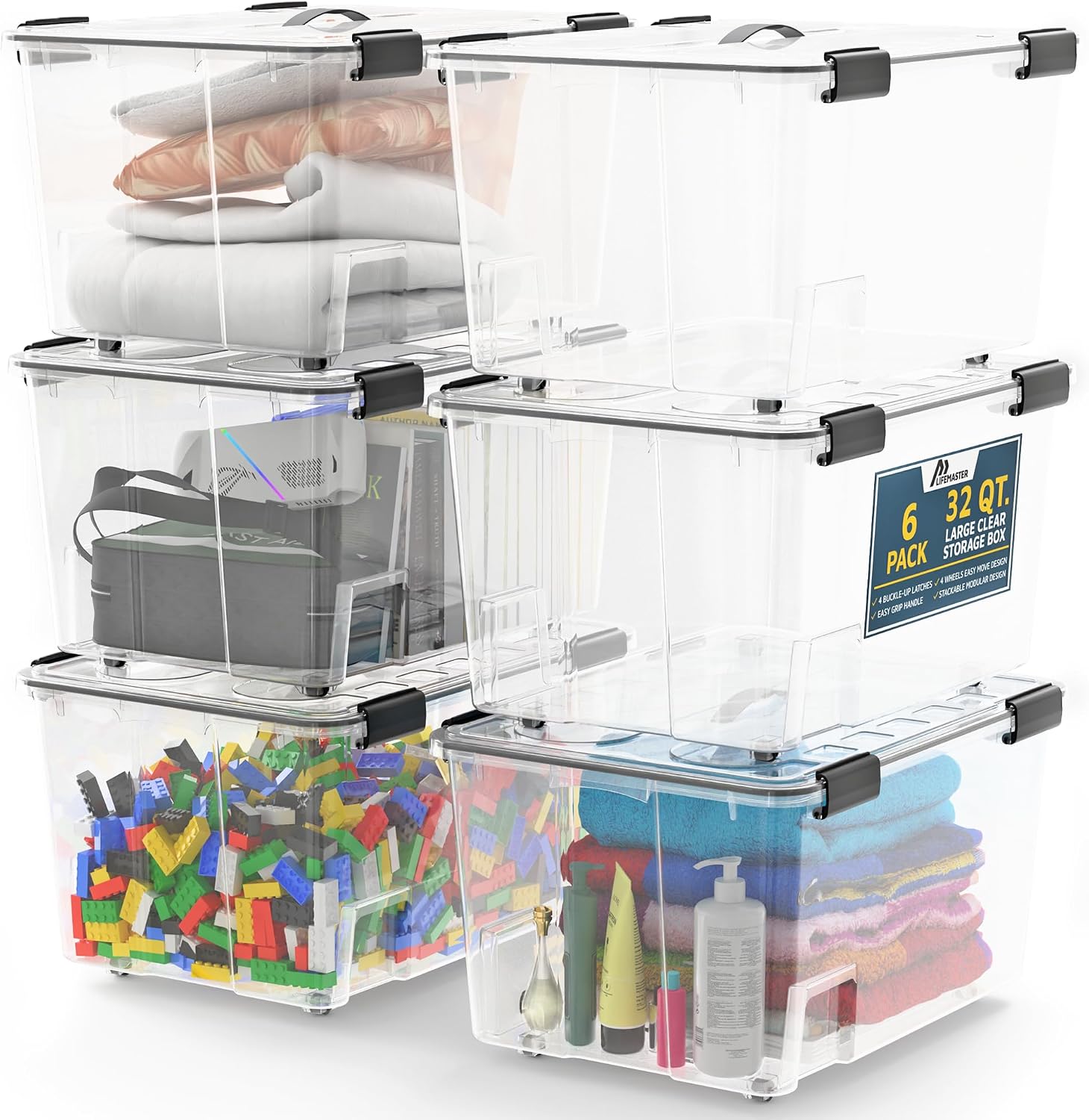Lifemaster Stackable Storage Box Set - 6 Pieces 32 Quarts Multi-purpose, Space-Efficient Stackable Storage Boxes with Nestable Design, Secure Latches, Easy-Move Wheels & Pull-Out Base - Clear