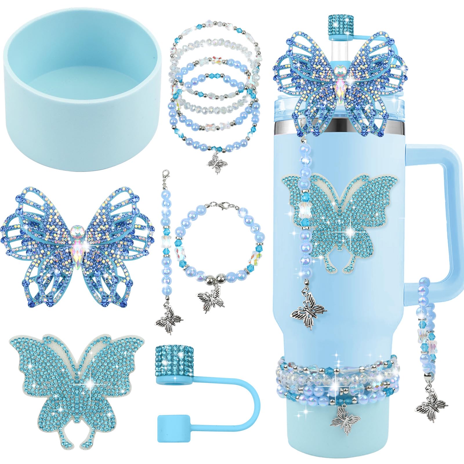 Hpebl 10PCS Butterfly Stanley Cup Tumbler Accessories 30 40oz | Tumbler Accessories including Diamond Butterfly Charms, Straw Cover Topper, Silicone Tumbler Boot, Stickers Bracelets Charm