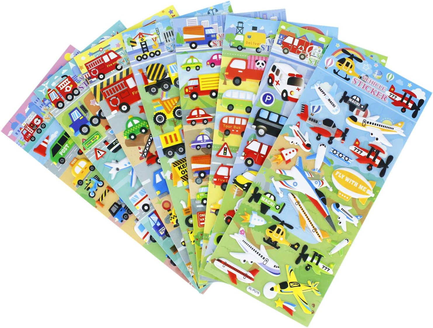 Foam Transportation Stickers 8 Sheets with Car, Airplane, Steamship, Train, Motorcycle - PVC Car Stickers Deacls for Kids - 160 Stickers (160 Pieces)