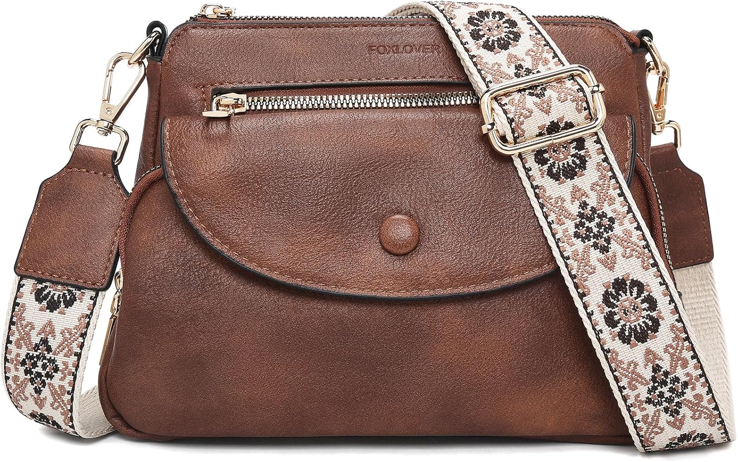 Trendy triple zip crossbody bags with colored shoulder strap.