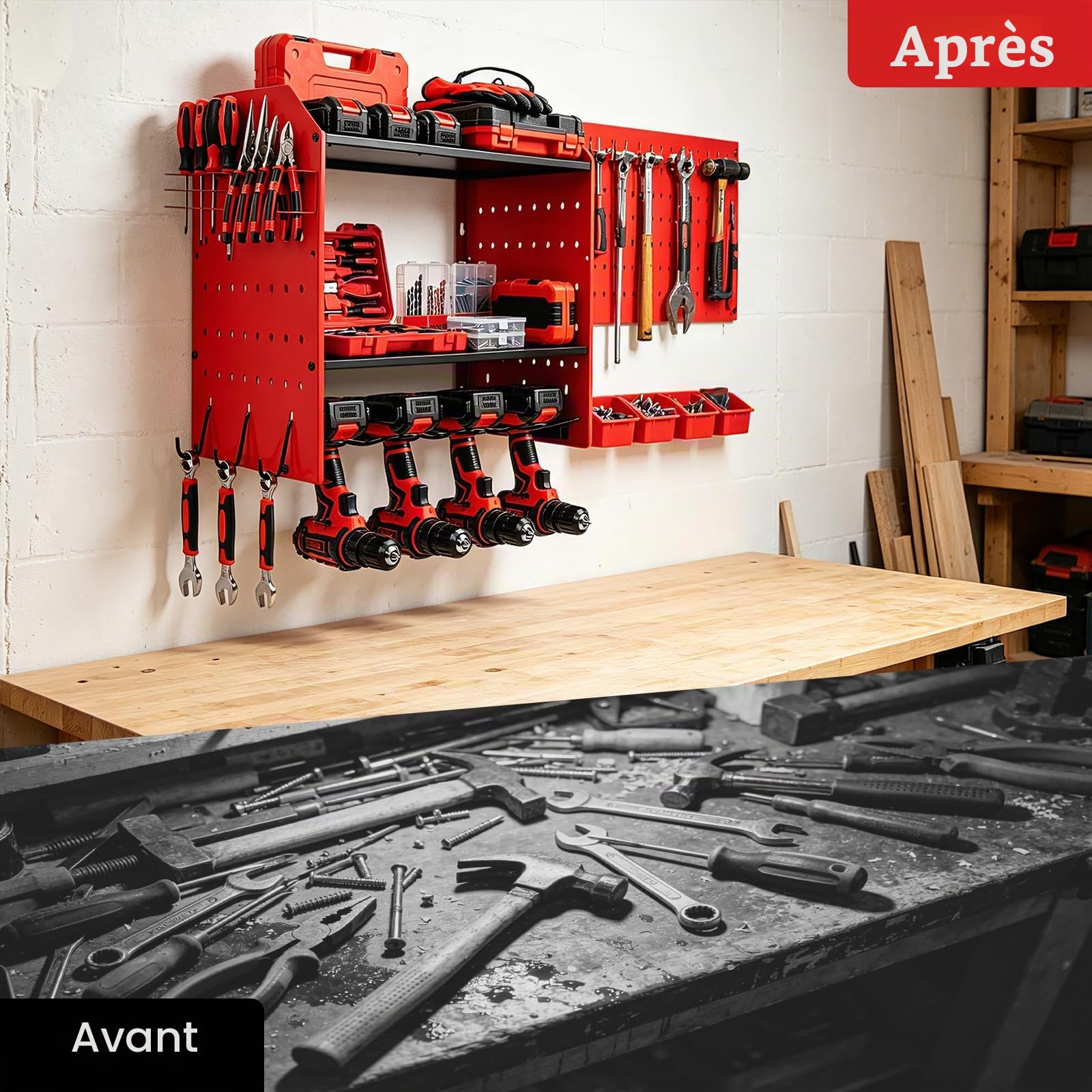 Support mural à 4 niveaux, rangement pour 4 outils électriques, perceuse à percussion, porte-outils pour garage et atelier, rouge