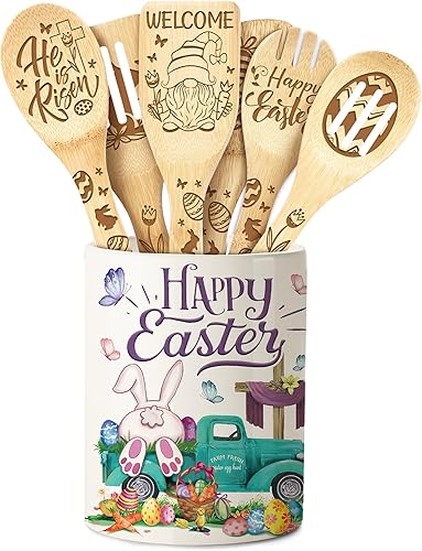 Soporte de cerámica para utensilios de Pascua con 6 cucharas de bambú de Pascua, camión de conejo azul, utensilios de cocina con cucharas de bambú