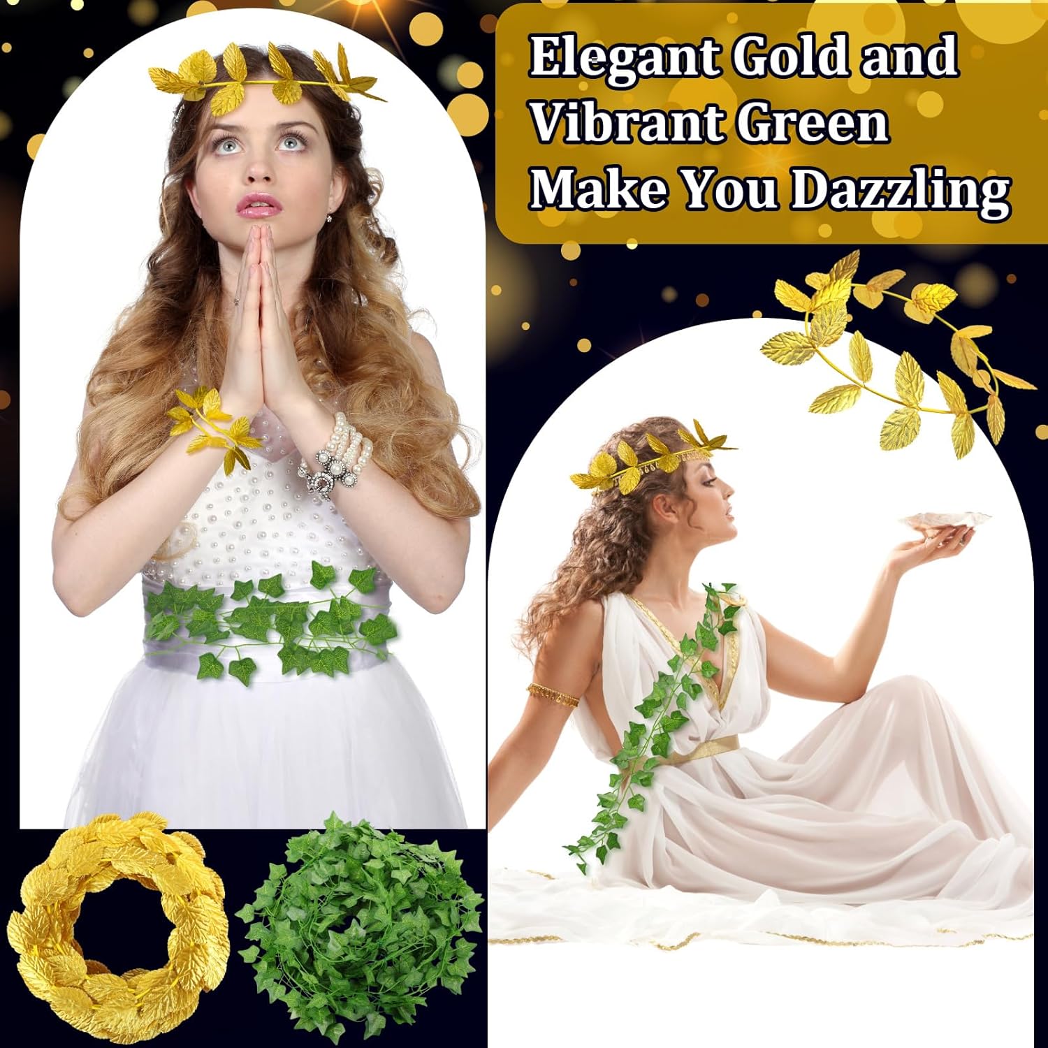Suncalla Toga Party Decorations 20 Pcs Laurel Crown 20 Pcs Fake Vines, Roman Greek Goddess Accessories, 7.28 Inch Gold Leaf Crown Headpiece for Women Toga Party Decor, Themed Photo Props