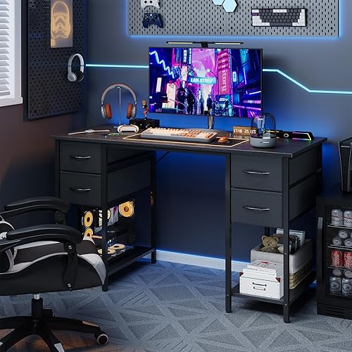 Miniatura 2 de Escritorio para computadora Grandder con 4 cajones, escritorio de oficina de 47 pulgadas con almacenamiento, escritorio para juegos con estantes